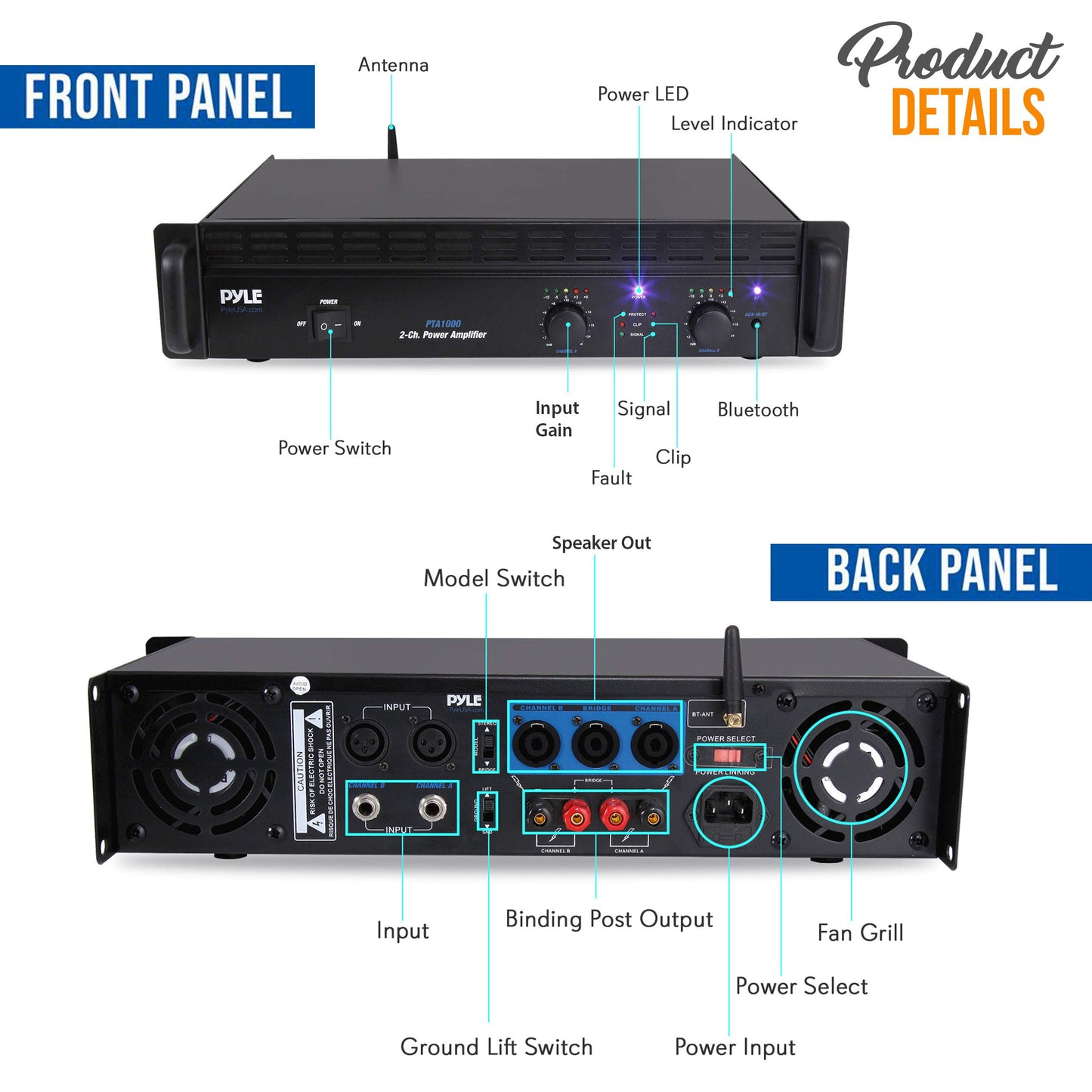 Professional Audio Bluetooth Power Amplifier - 2-Channel Rack Mount Bridgeable, LED Indicators, Shockproof Binding Posts, Cooling Fans 1000 Watt - Pyle PTA1000