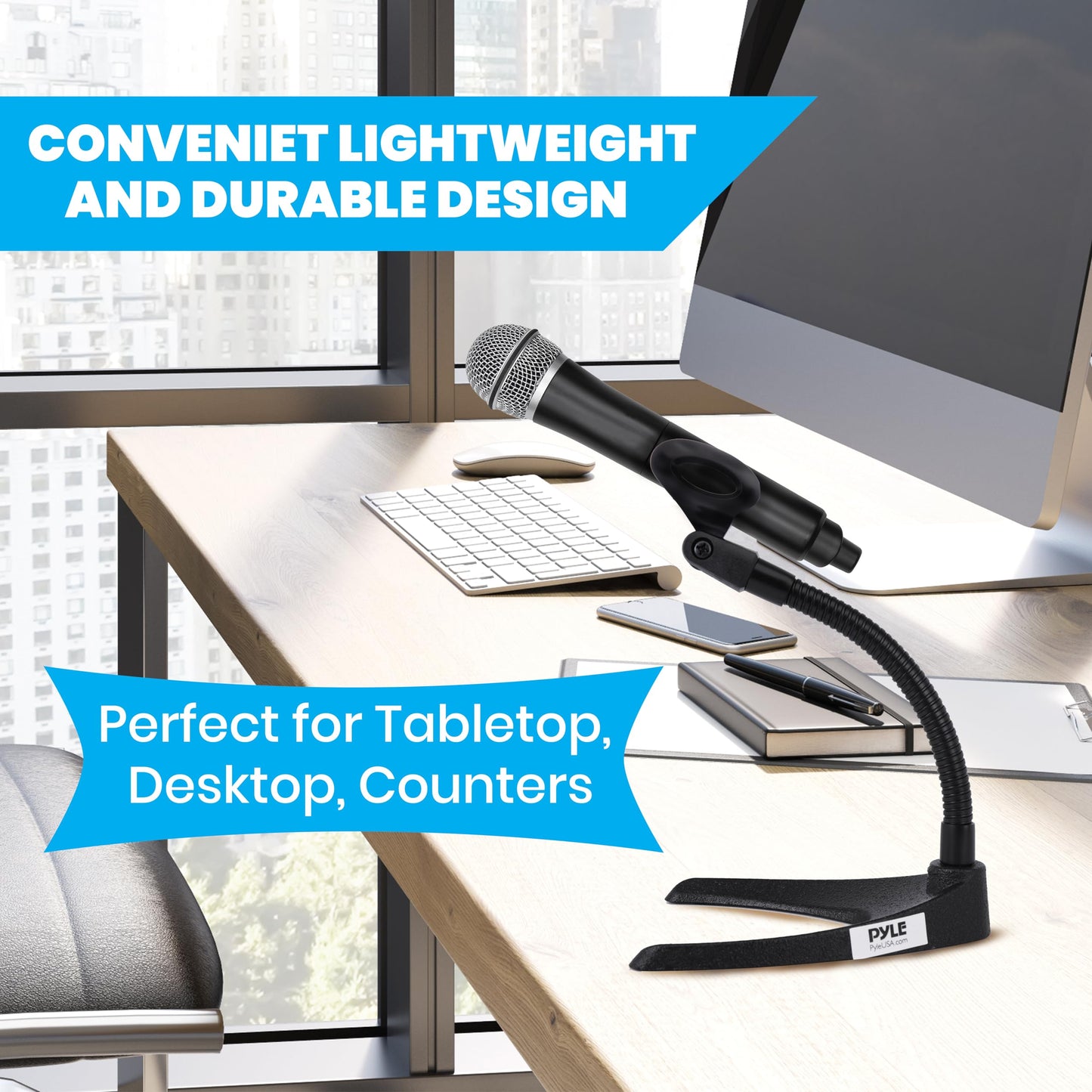 Pyle Desktop Microphone Stand - Universal Tabletop Mic Holder w/ Flexible 8.2'' Inch Gooseneck Mount and Solid U Shape Base - Perfect for Table Desk or Counter - PMKS8,Black