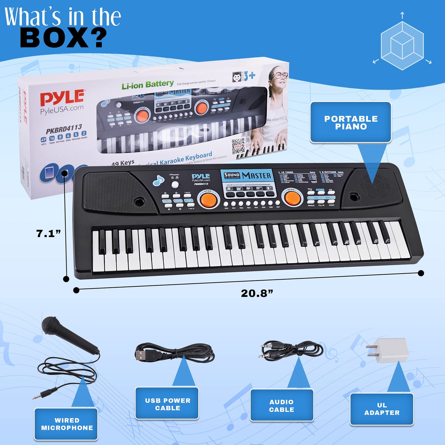 Pyle Portable Electric 49 Key 2 In 1 Karaoke 16 Tone 8 Rhythm Musical Piano Keyboard and Microphone w/ Built In Speakers & Rechargeable Battery, Black