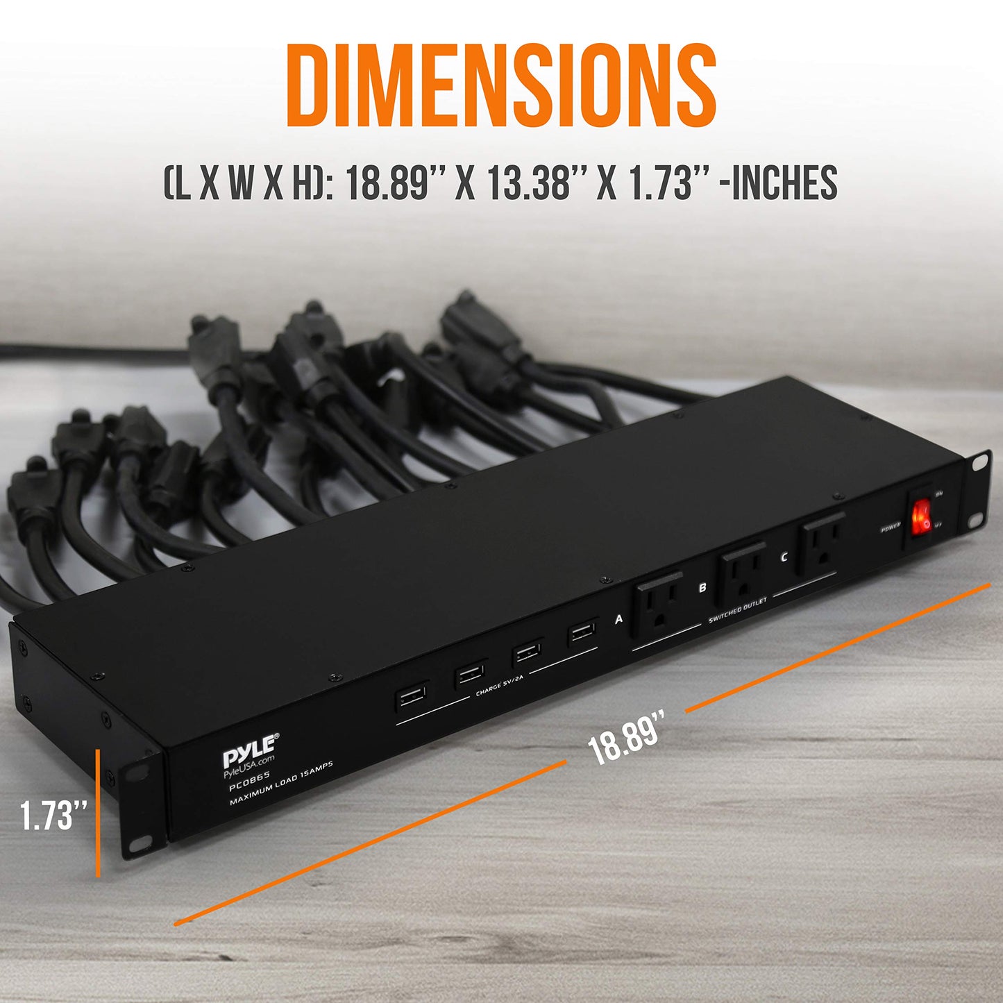 Pyle 19 Outlet 1U Rackmount Power Distribution Unit - Surge Protector - 15 Amp Circuit Breaker - 4 USB Ports - 15FT Cord - Power Supply for Servers, Audio Equipment, Home/Office Use - PCO865