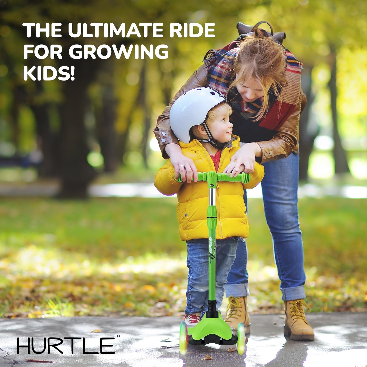Hurtle Mini Kickboard Scooter for Kids - Height Adjustable 25''-28'', Lightweight 3-Wheel with LED Light-up Wheels, Anti-Slip,Indoor/Outdoor Fun, Micro Scooters for Ages 2-5 (Green)
