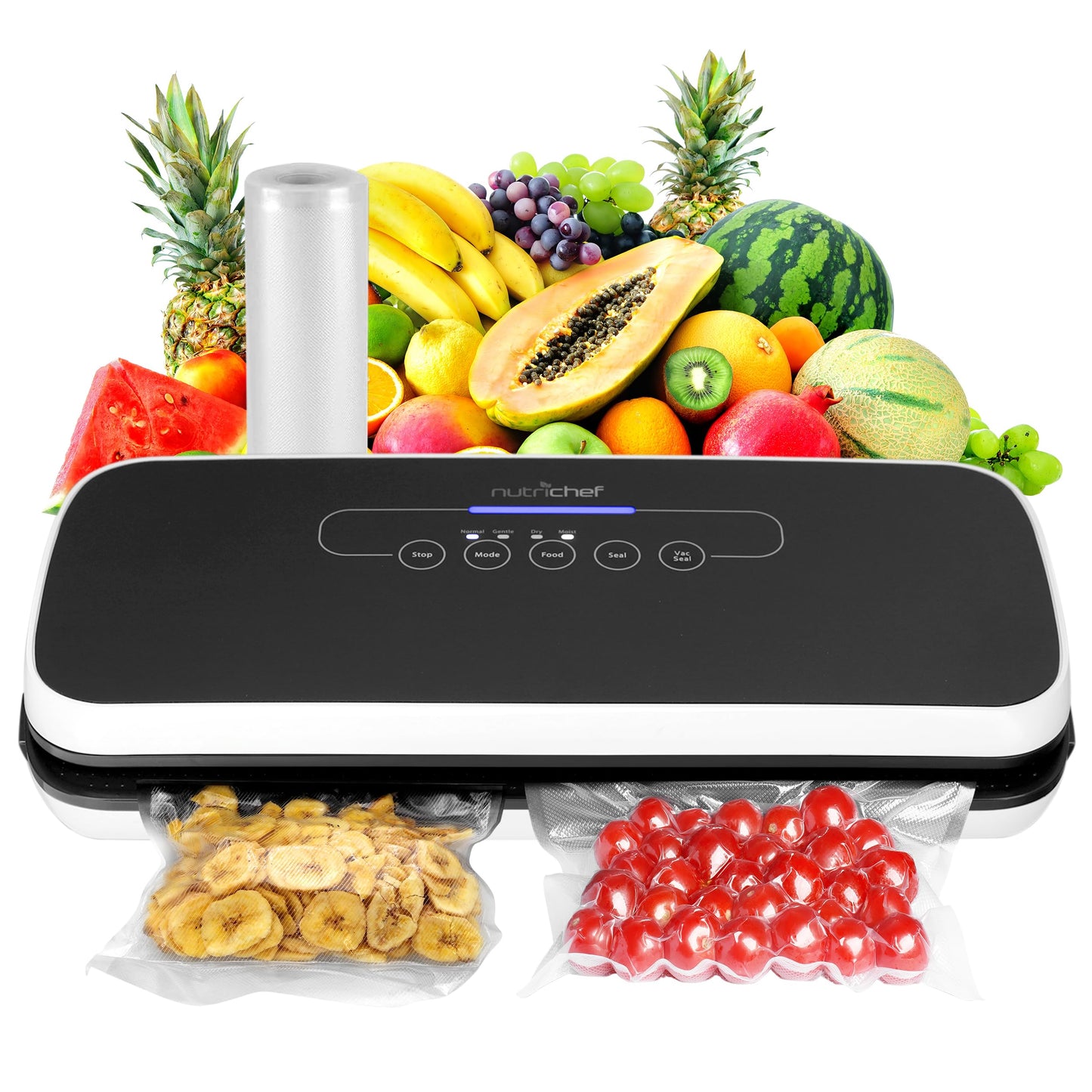 NutriChef Food Vacuum Sealer Machine - Automatic Air Sealing System for Dry & Moist Foods, LED Touch Controls, Includes Vacuum Bags, Hose & Wine Stopper, High Suction Power, 14"x6"x3", Black
