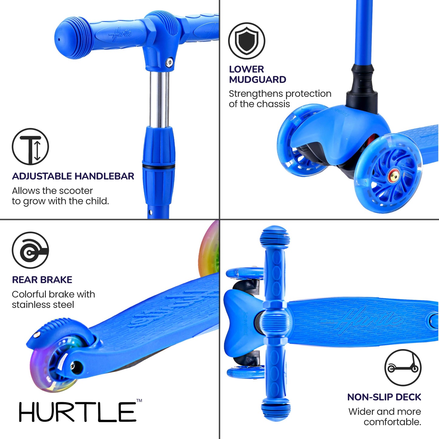 Hurtle Mini Kickboard Scooter for Kids - Height Adjustable 25''-28'', Lightweight 3-Wheel with LED Light-up Wheels, Anti-Slip, Indoor/Outdoor Fun, for Ages 2-5 (Blue)