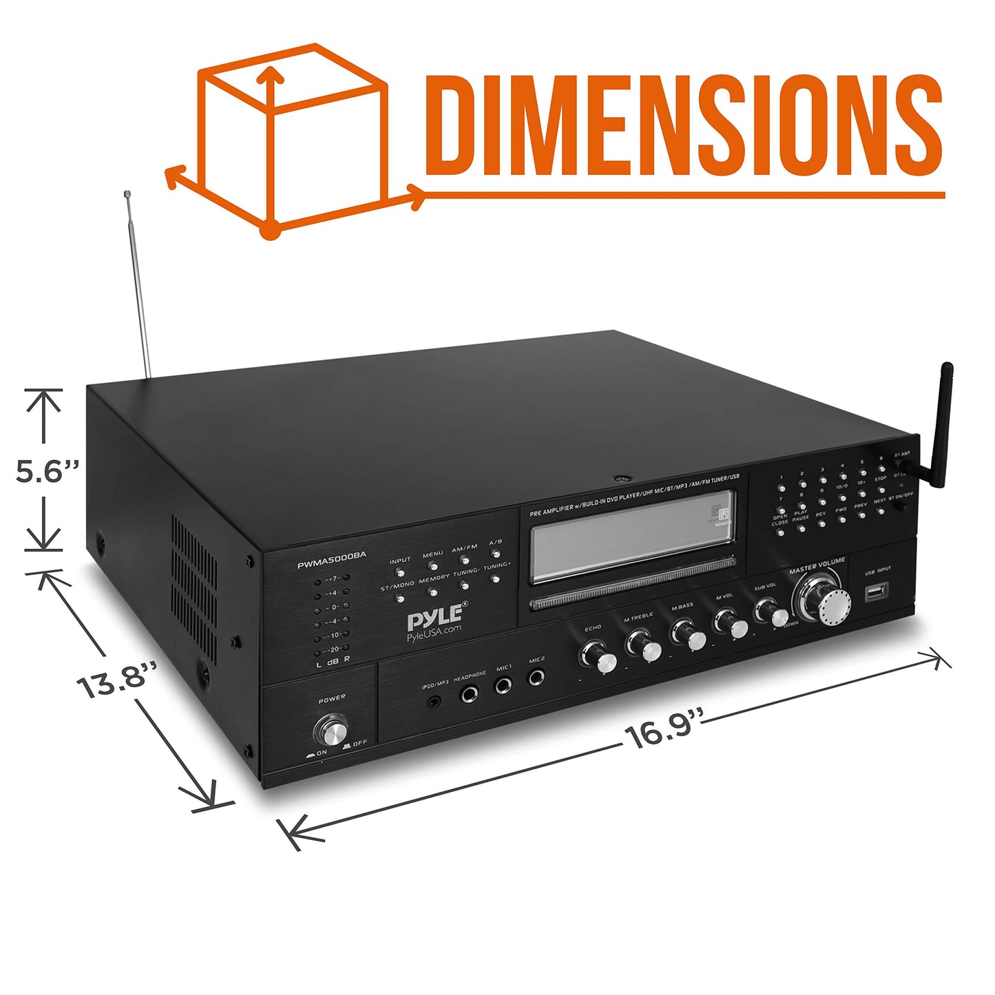 Pyle 4-Channel Karaoke Home Wireless Microphone Amplifier - Audio Stereo Receiver System, Built-In CD DVD Player, Dual UHF Wireless Mic/MP3/USB Reader, AM/FM Radio - PWMA5000BA