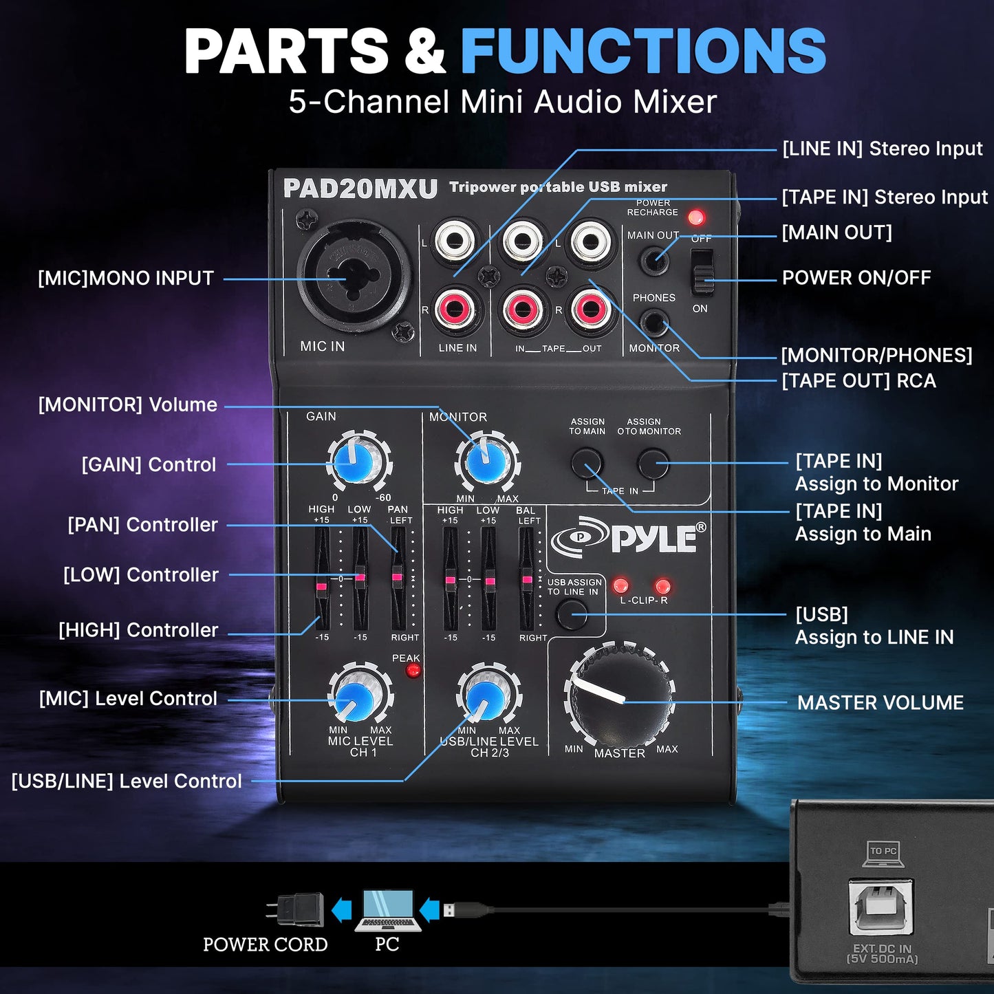 Pyle 5-Channel Audio Mixer - DJ Sound Controller with USB Soundcard for PC Recording - XLR/3.5mm Mic Jack - 18V Phantom Power - RCA Inputs/Outputs - 2-Band EQ - Low Noise Design - PAD20MXU