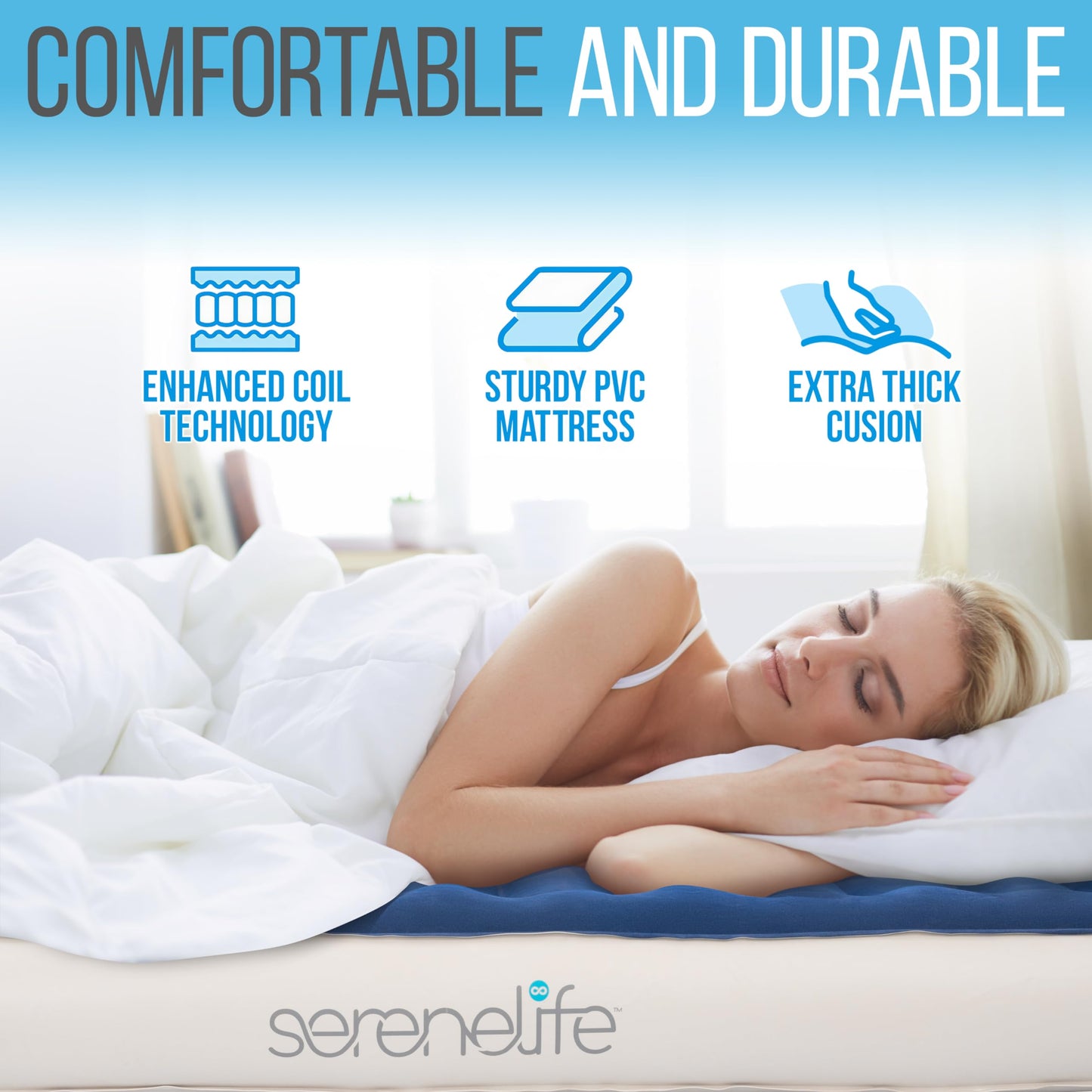 SereneLife EZ Bed Air Mattress with Frame and Rolling Case, Self-Inflating Airbed with Built in Pump for Travel and Hosting, King