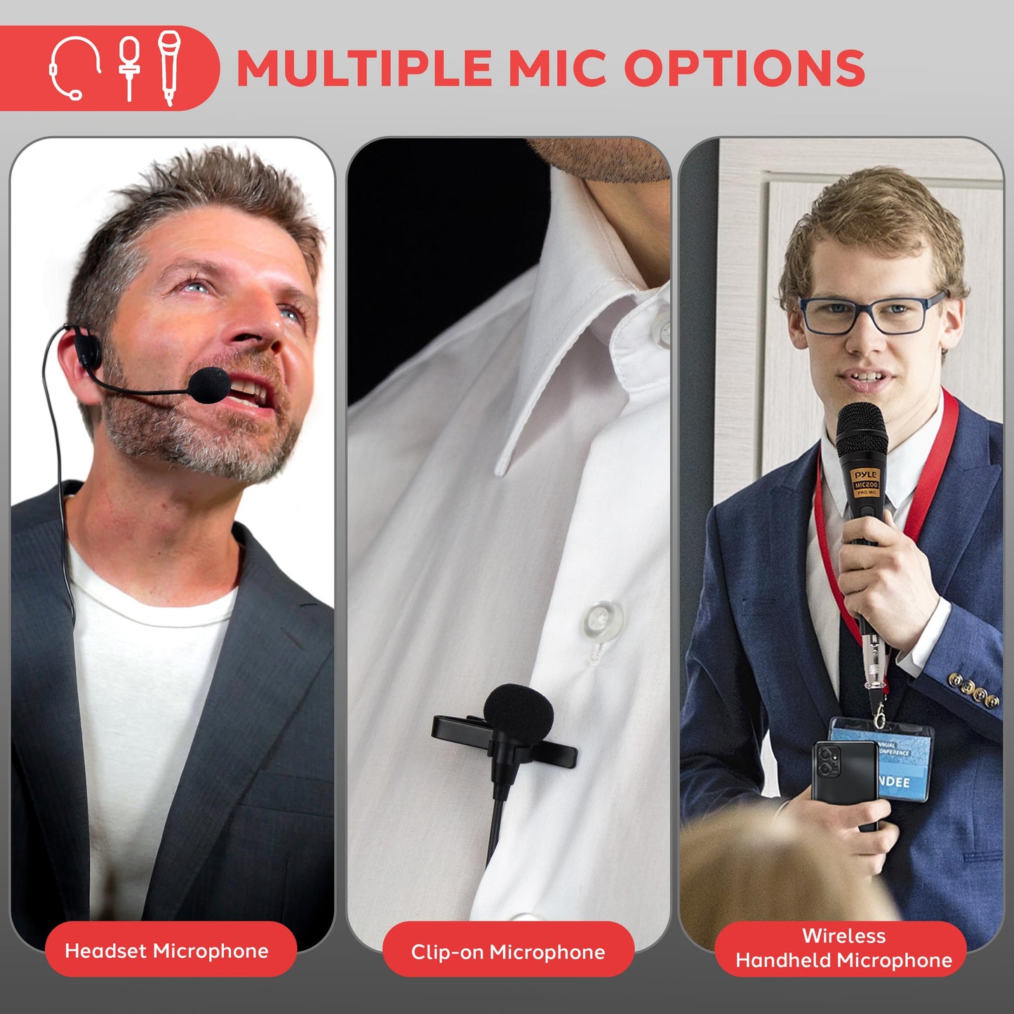 Pyle Portable PA Speaker & Microphone System - FM Stereo Radio, Built-in Rechargeable Battery, Aux & Microphone Inputs, Includes Beltpack, Hand-held Headset & Lavalier Mics - Black