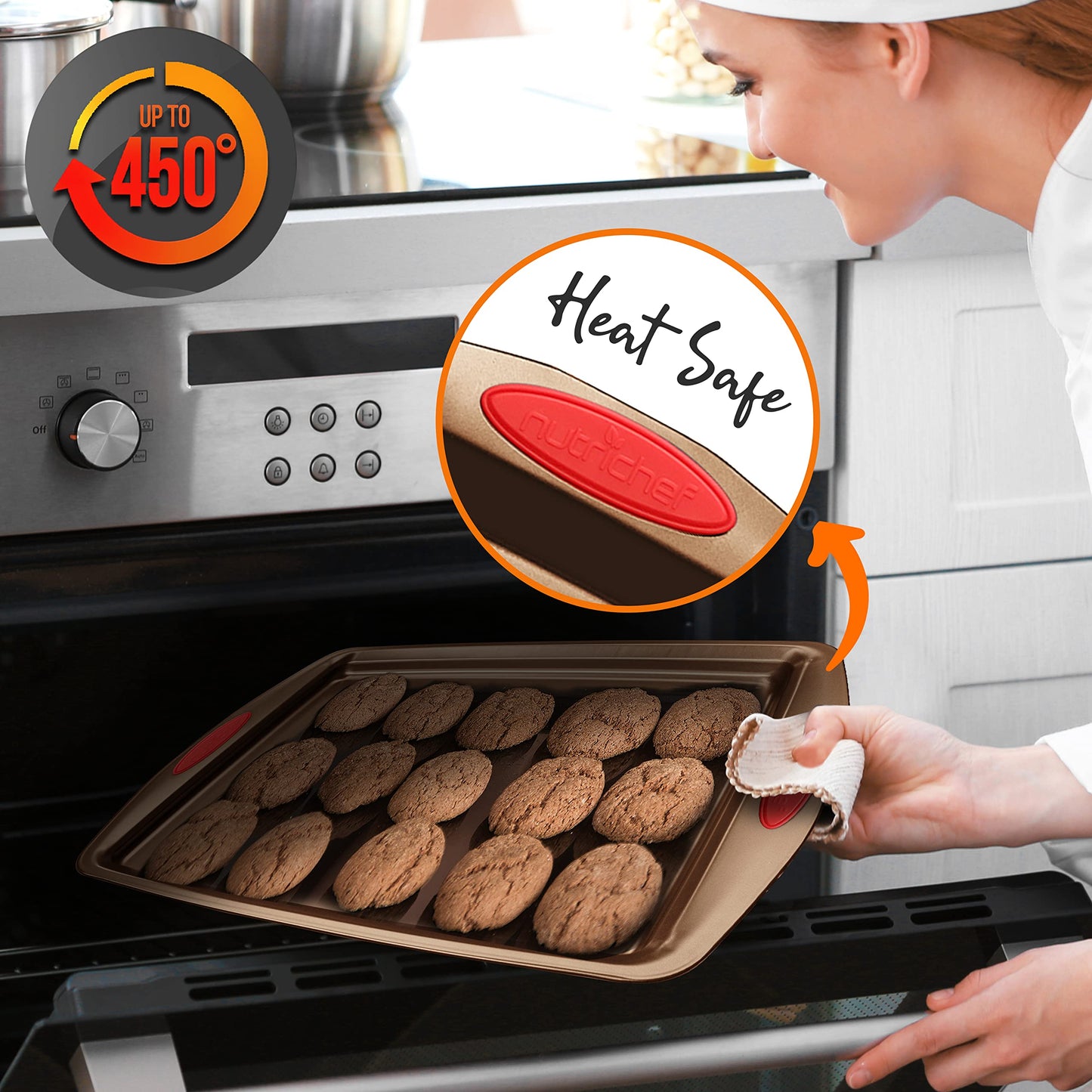 NutriChef 15-Piece Non-Stick Baking Pan Set - Durable Carbon Steel Bakeware Set with Loaf & Muffin Pans, Square & Round Cake Pans, Roaster Pan with Lid, Cookie Sheet, & Nylon Utensils - Gold