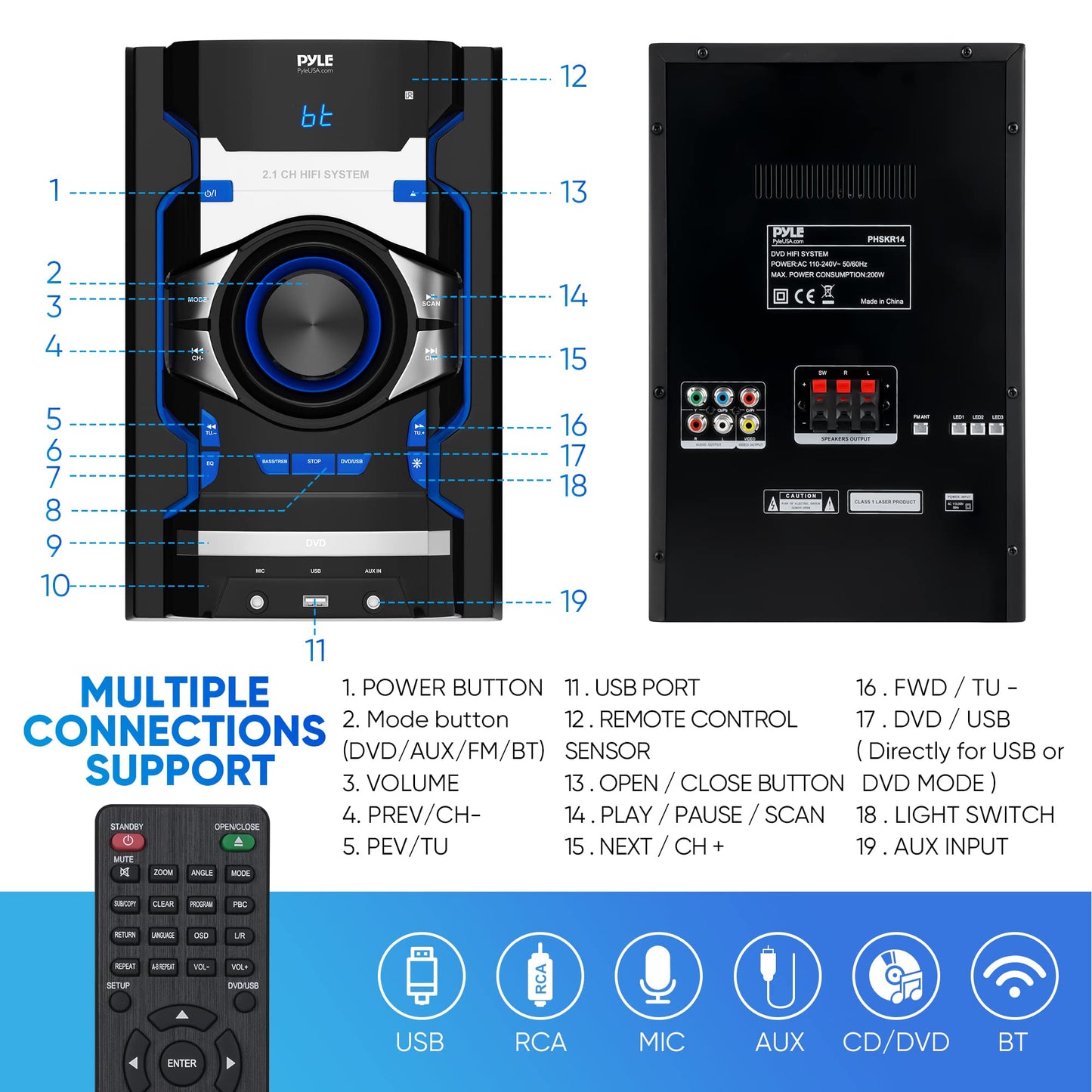 Pyle 3-Piece Wireless Bluetooth Stereo System - 1000 Watt DVD Shelf System for Home with DVD Player, MP3, USB, FM Radio, Bass Reflex Speaker, and Remote Control, Compact & Portable
