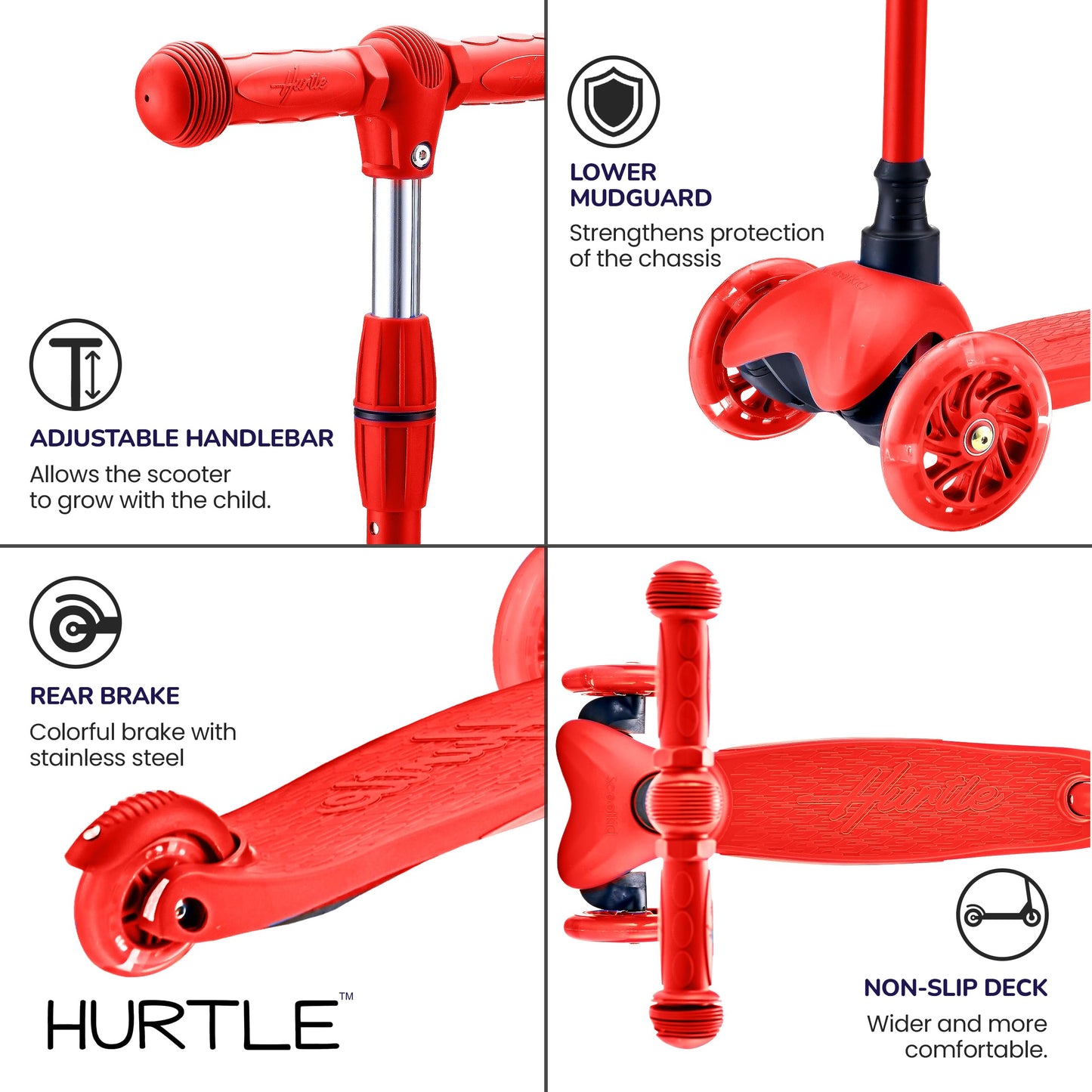 Hurtle Mini Kickboard Scooter for Kids - Height Adjustable 25''-28'', Lightweight 3-Wheel with LED Light-up Wheels, Anti-Slip,Indoor/Outdoor Fun, Micro Scooters for Ages 2-5 (Red)