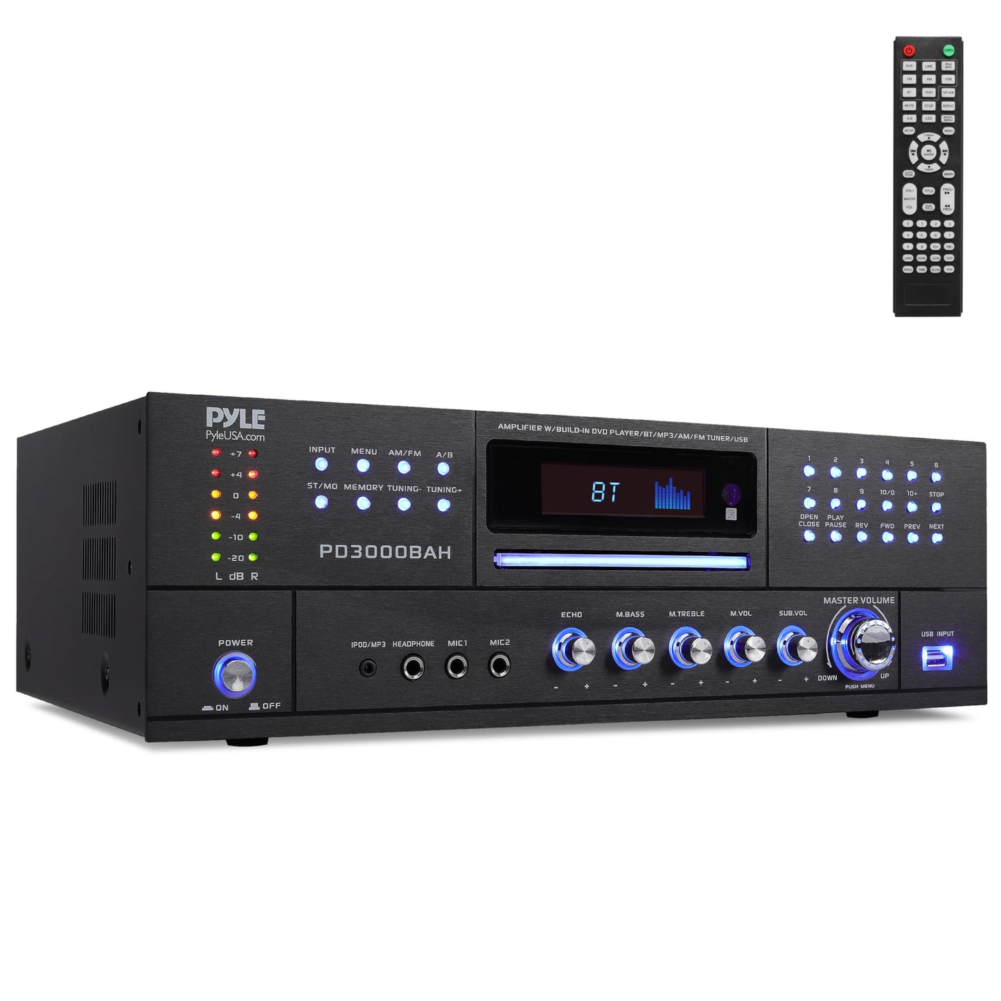 Pyle 4000W 4-Channel Wireless Bluetooth Amplifier - Stereo Home Audio Receiver with FM Radio - HDMI - USB - 2 Mic Inputs w/Echo - Front CD/DVD Player - Subwoofer Output - Rack Mount - PD3000BAH