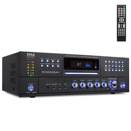 Pyle 4000W 4-Channel Wireless Bluetooth Amplifier - Stereo Home Audio Receiver with FM Radio - HDMI - USB - 2 Mic Inputs w/Echo - Front CD/DVD Player - Subwoofer Output - Rack Mount - PD3000BAH