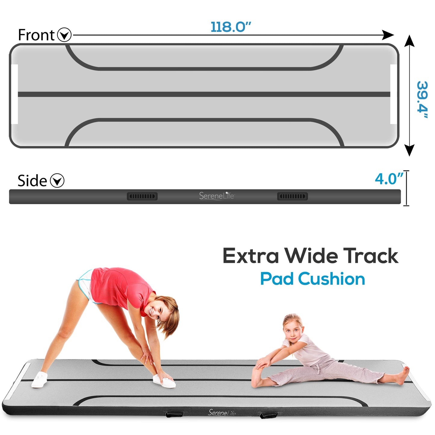 SereneLife Inflatable Air Tumbling Mat - 9.8 Ft Outdoor/Home Indoor Gymnastics Mat Air Tumbling Mat Track - Floor Tumble Track Mats For Gymnast, Yoga, Cheerleading - (Black)