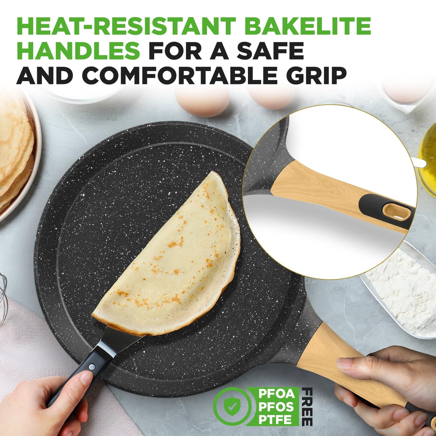NutriChef 11” Non-Stick Crepe Pan with Wooden Spreader, Durable Marble Coated Dosa Pan, Bakelite And Wood Handle With Induction Bottom, Easy-to-Clean, Stain-Resistant (Black Marble)