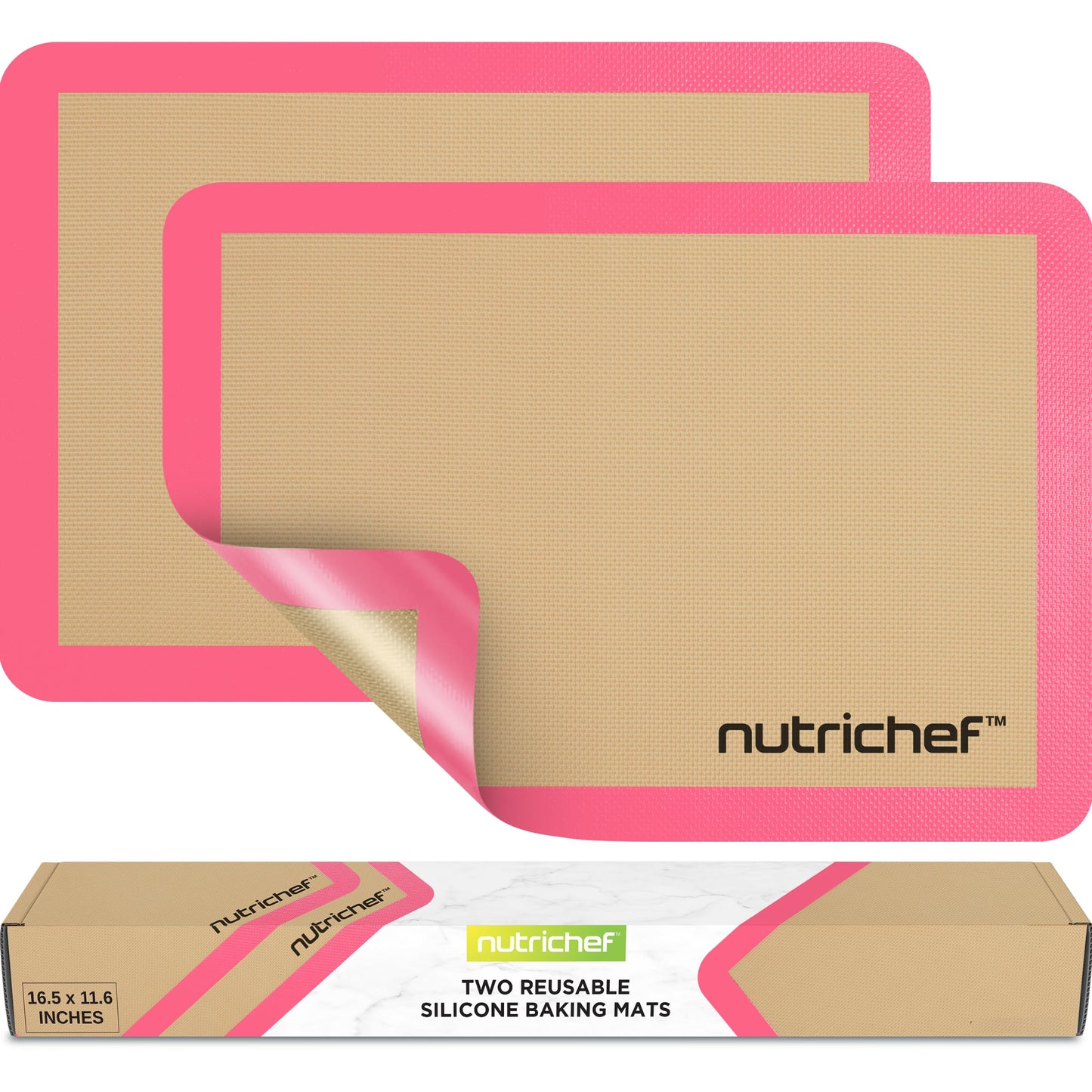 Nutrichef Silicone Baking Mats - 2 Non-stick Food-Grade Reusable Silicone Mats - Perfect for Half Baking Pans 16.5 x 11.6 IN - Oven-Safe Up to 480 Degrees F - Safe for Ovens & Dishwashers - Pink