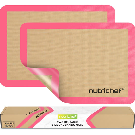 Nutrichef Silicone Baking Mats - 2 Non-stick Food-Grade Reusable Silicone Mats - Perfect for Half Baking Pans 16.5 x 11.6 IN - Oven-Safe Up to 480 Degrees F - Safe for Ovens & Dishwashers - Pink