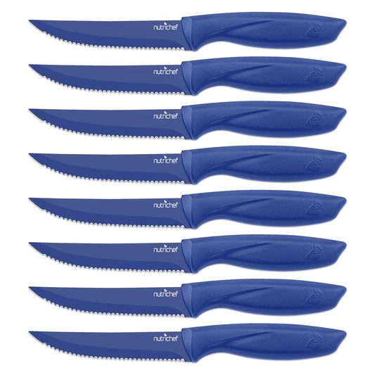 NutriChef 8 Piece Kitchen Knife Set - Multi-purpose Unbreakable Ergonomic Non-stick Stainless Steel Kitchen Steak Knives Set with Fully Serrated Blades - Great for BBQ Grill - NCSK8BU,Blue
