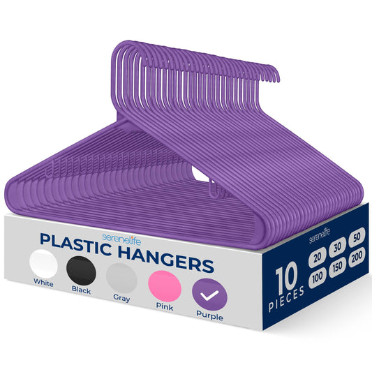 SereneLife Premium 10 Pack Plastic Hangers, Lightweight, Durable, Space Saving Clothes Organizers, Suitable for Shirts, Sweaters, Hoodies, Dresses, Kids Clothes, Good for Home Organization (Purple)