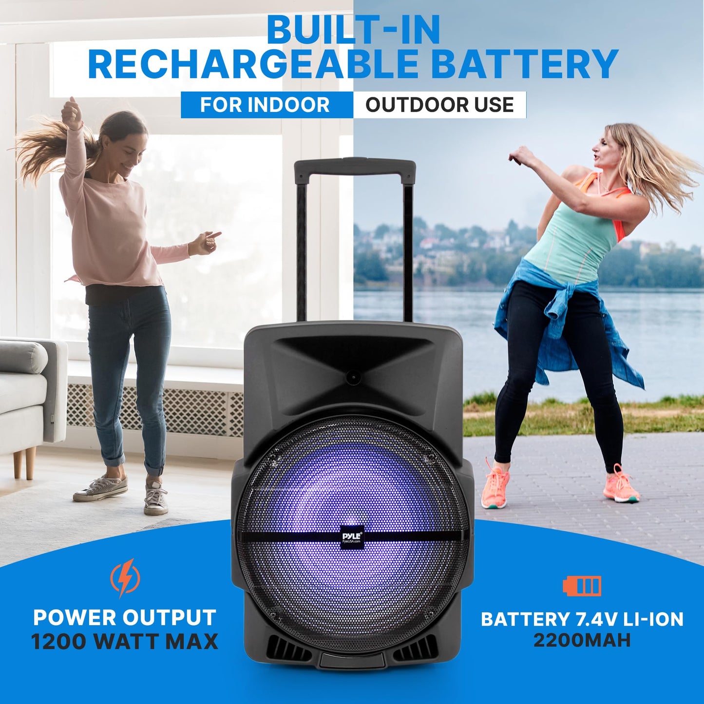 Pyle Wireless Portable PA Speaker System -1200W High Powered Bluetooth Compatible Indoor&Outdoor DJ Sound Stereo Loudspeaker wITH USB MP3 AUX 3.5mm Input, Flashing Party Light & FM Radio -PPHP1544B