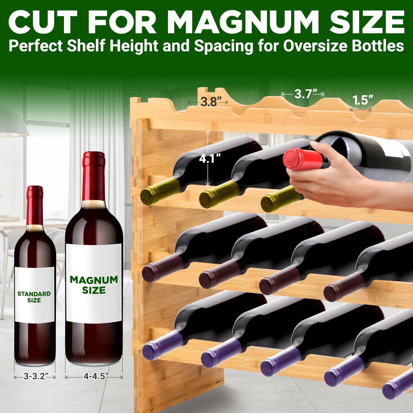 NutriChef Bamboo Modular Wine Rack for Magnum Size Wine Bottles (4” Diameter) - 24 Bottle 4-Tier 2 Cross Compatible Stackable Wine Rack Systems
