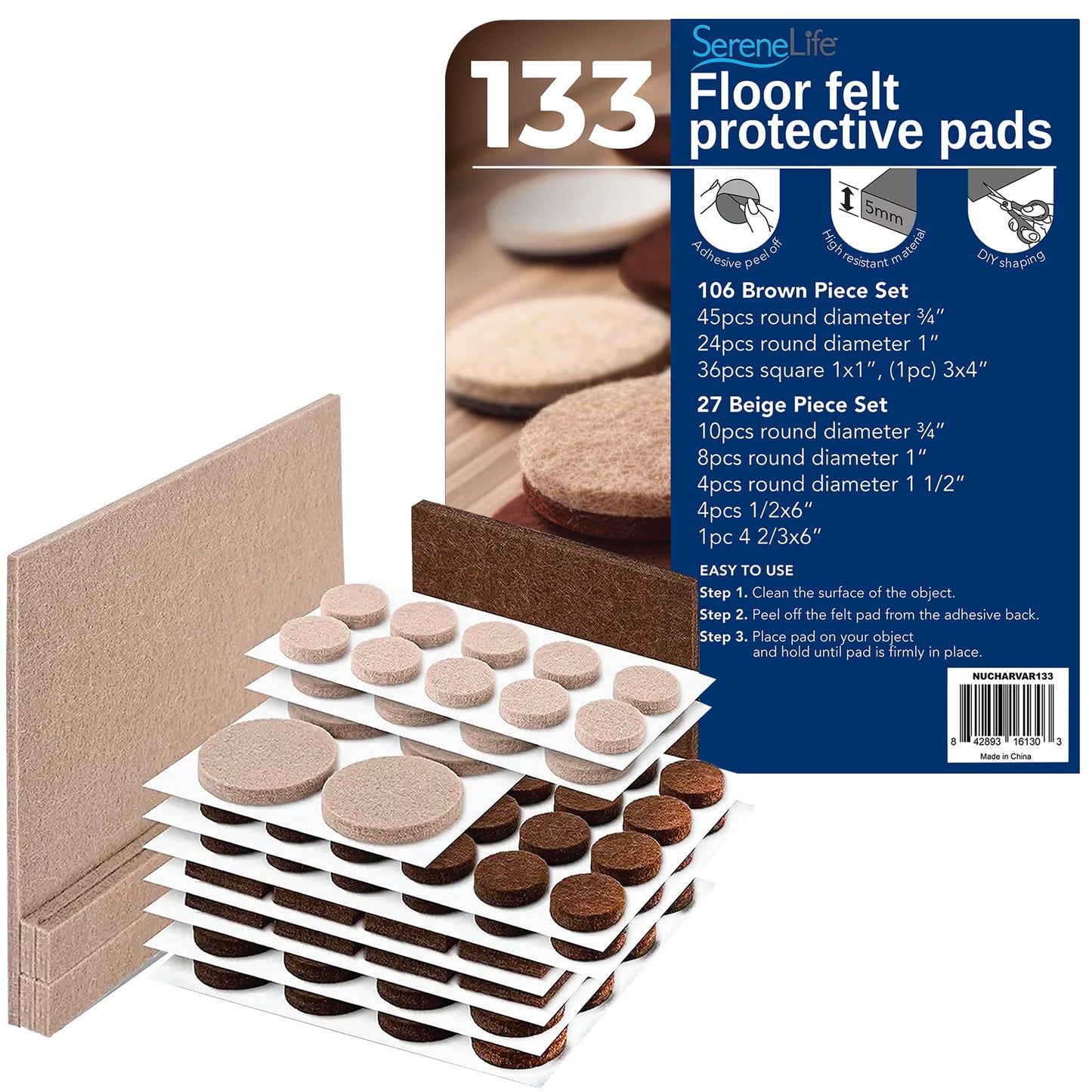 Serenelife Felt Furniture Pads - 133 Piece Set for Wood Floor Protection | Protect Hardwood, Laminate & Tile Flooring | Furniture Sliders | Various Sizes Included | Moving Supplies | Easy Installation