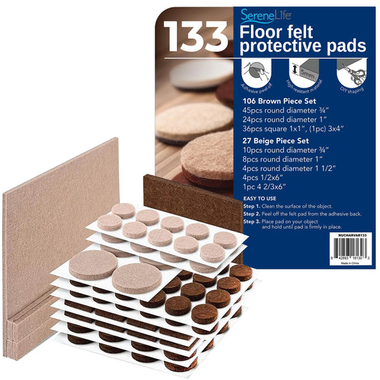 Serenelife Felt Furniture Pads - 133 Piece Set for Wood Floor Protection | Protect Hardwood, Laminate & Tile Flooring | Furniture Sliders | Various Sizes Included | Moving Supplies | Easy Installation