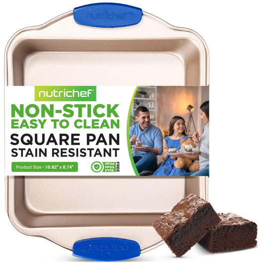 NutriChef Non Stick Baking Pan, Blue Carbon Steel Bake Pan with Red Silicone Handles, Commercial Grade Restaurant Quality Metal Bakeware, Compatible with Model NCSBSBL8