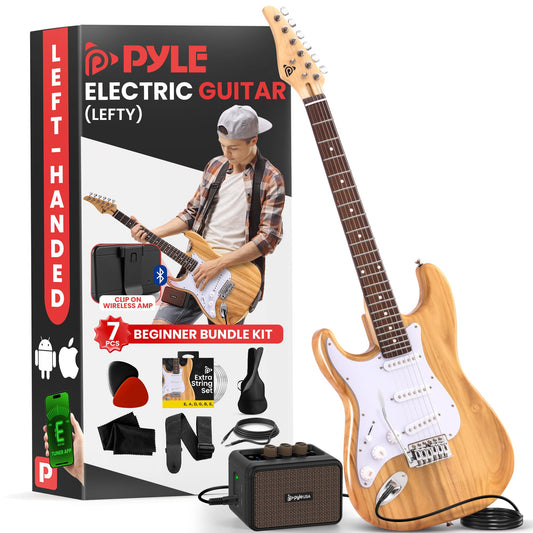 Pyle Full Size Left Handed Electric Guitar Kit with 5W Amplifier, Gig Bag, Picks, Spare Strings, and Strap, ST-Style Beginner Guitar Bundle with 22 Frets, Paulownia Wood Body, Natural-Lefty