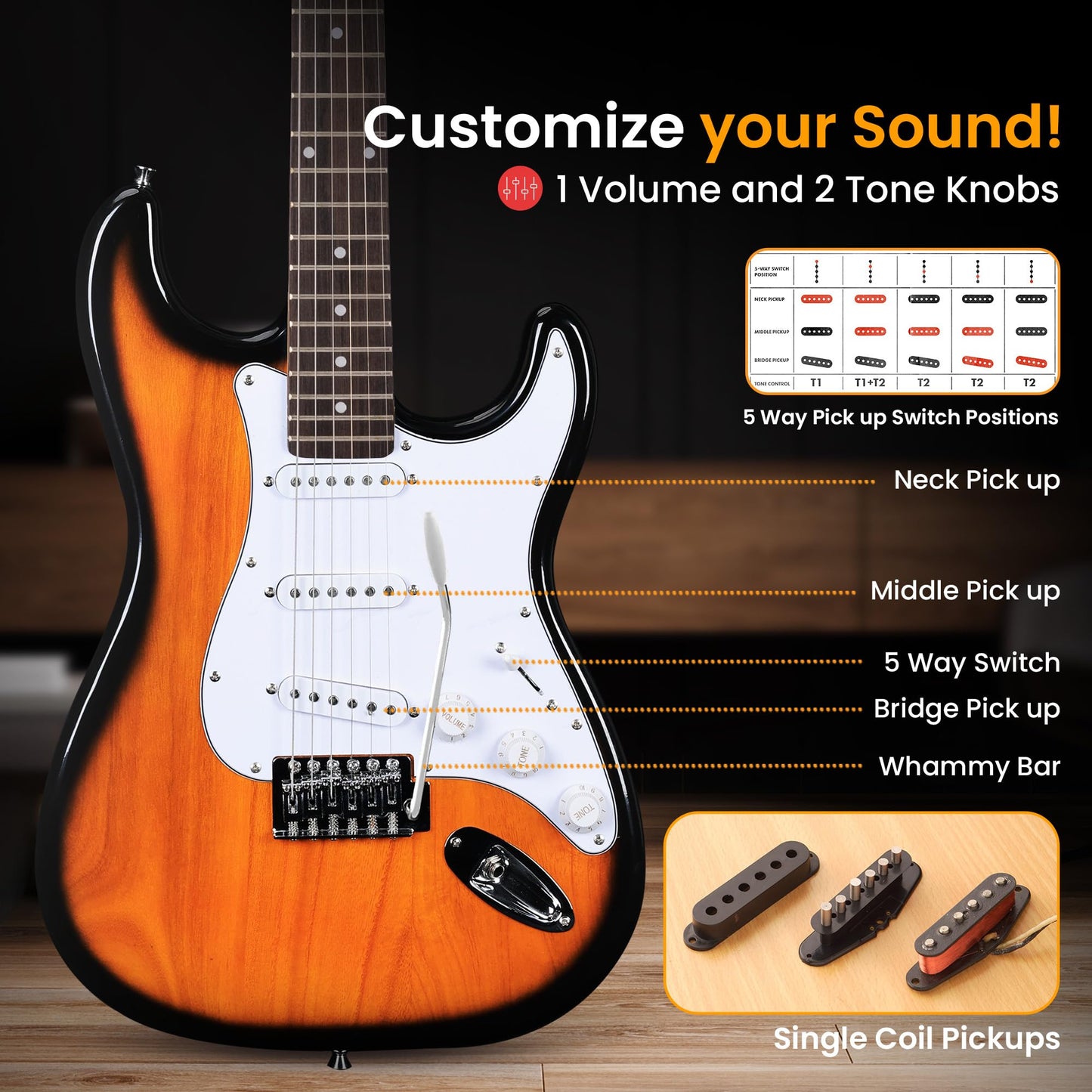 Pyle Full Size Electric Guitar Kit with 5W Amplifier, Gig Bag, Picks, Spare Strings, and Strap, ST-Style Beginner Guitar Bundle with 22 Frets, Paulownia Wood Body, Sun Burst