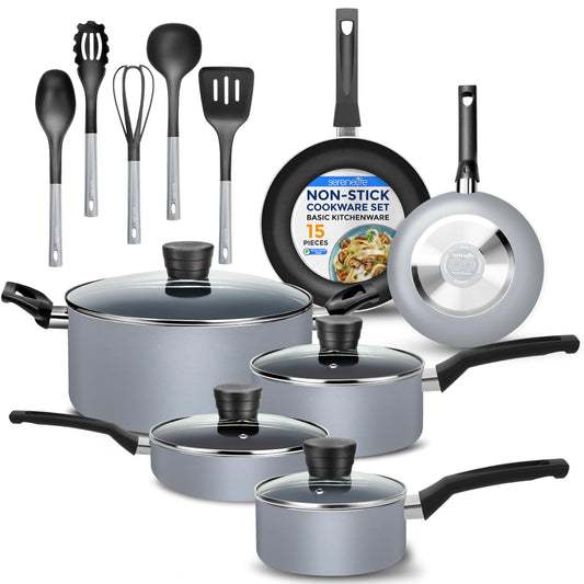 SereneLife Kitchenware Pots & Pans Basic Kitchen Cookware, Black Non-Stick Coating Inside, Heat Resistant Lacquer (15-Piece Set), One Size, Gray