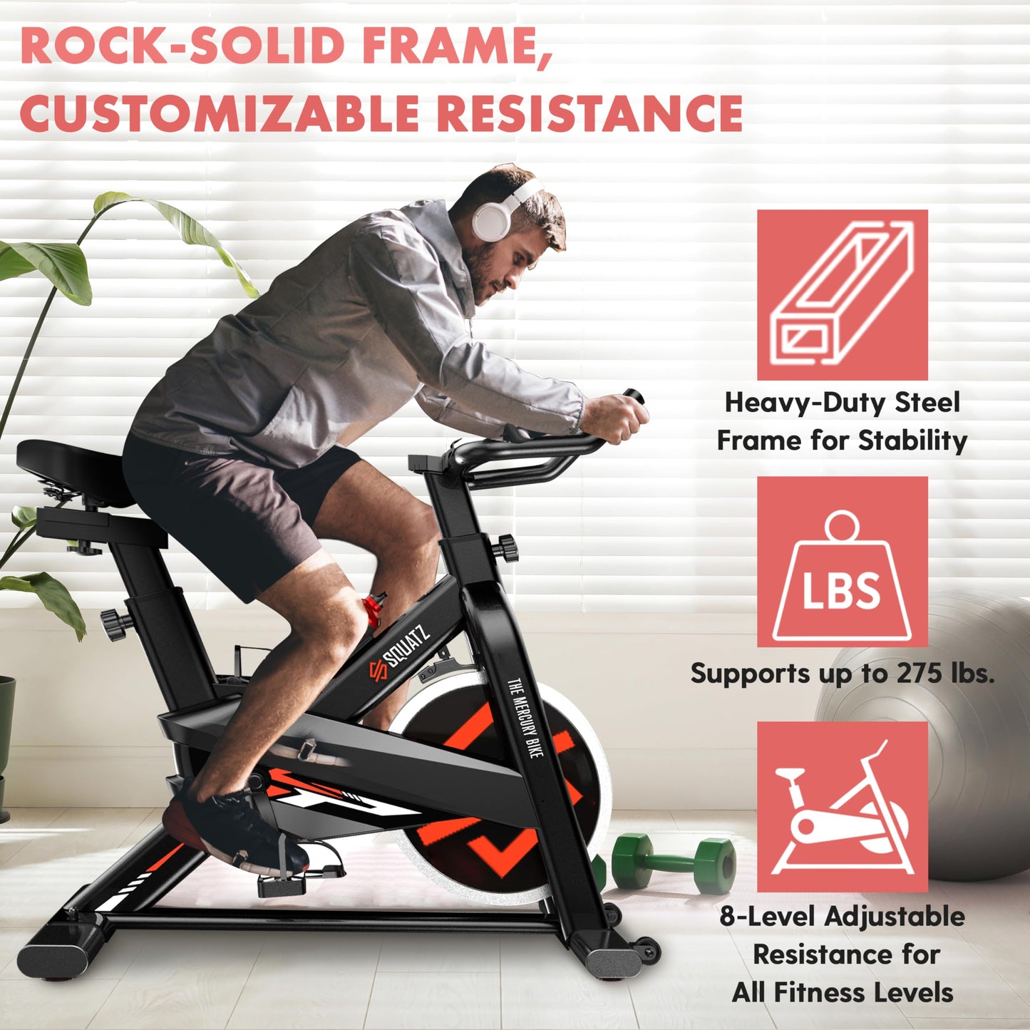 SQUATZ Stationary Cycling Bike Exerciser - Indoor Exercise Bicycle With Training Console, 4-Way Adjustable Seat and Handlebar, 8 Resistance Levels, Workout Equipment for Home Gym