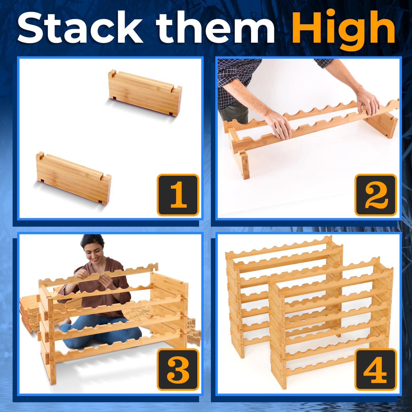 NutriChef Bamboo Stackable Wine Rack, 12-Tier 108 Bottle Capacity Free Standing Floor, No Tools Assembly, Modular Storage Display Shelf for Kitchen and Cellar 33.5" x 10" x 62.75"