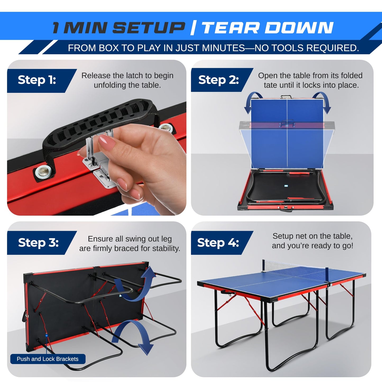 SereneLife Midsize Portable Ping Pong Table Set with Net, Clipper, Post - 6’ x 3’ Foldable Space-Saving Design, Blue