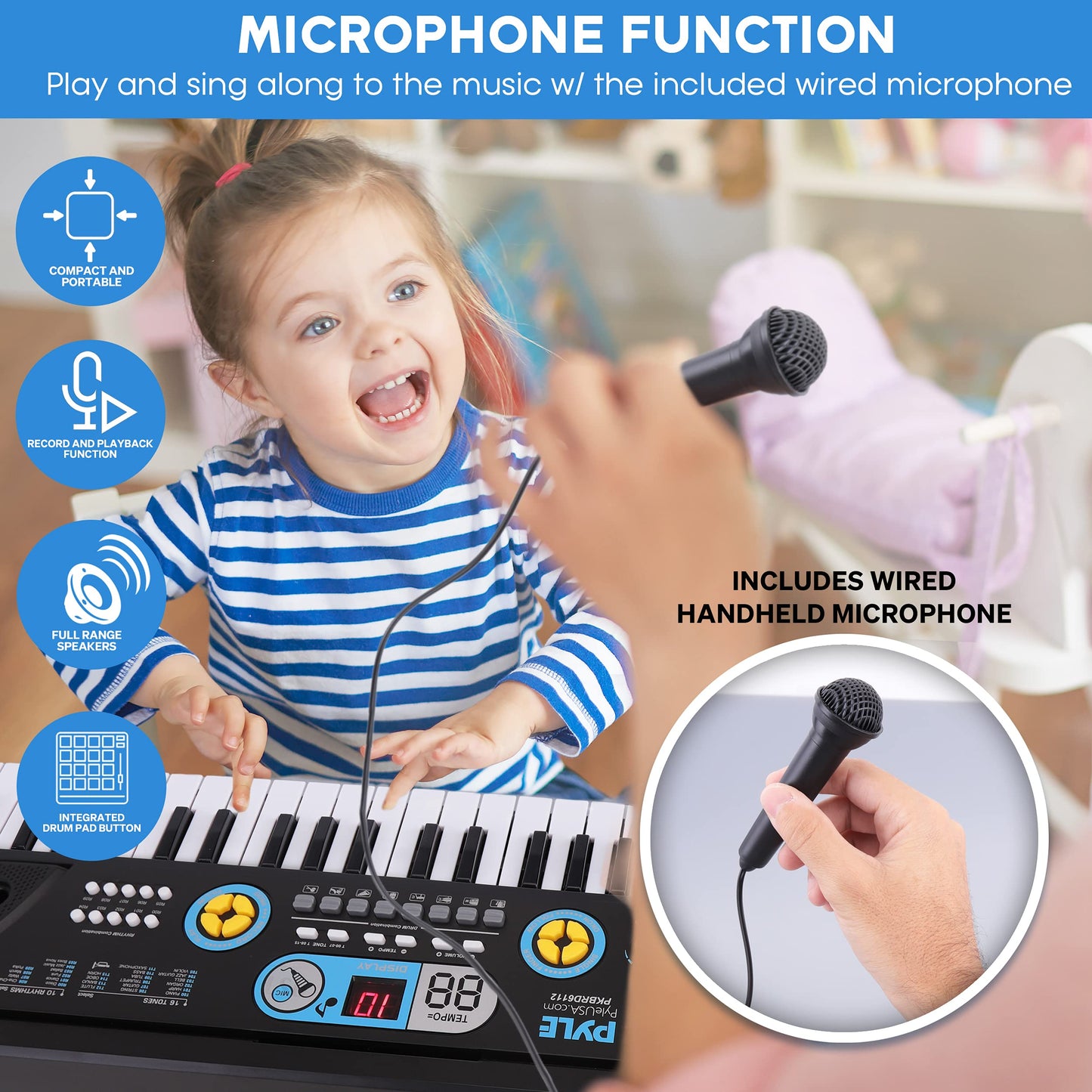 Pyle, Electric Keyboard 61 Keys-Portable Digital Musical Karaoke Piano Keyboard-10 Rhythms 16 Tones, Stereo Speakers, Rechargeable Battery-Wired Microphone-Beginners Kids (PKBRD6112), Compact