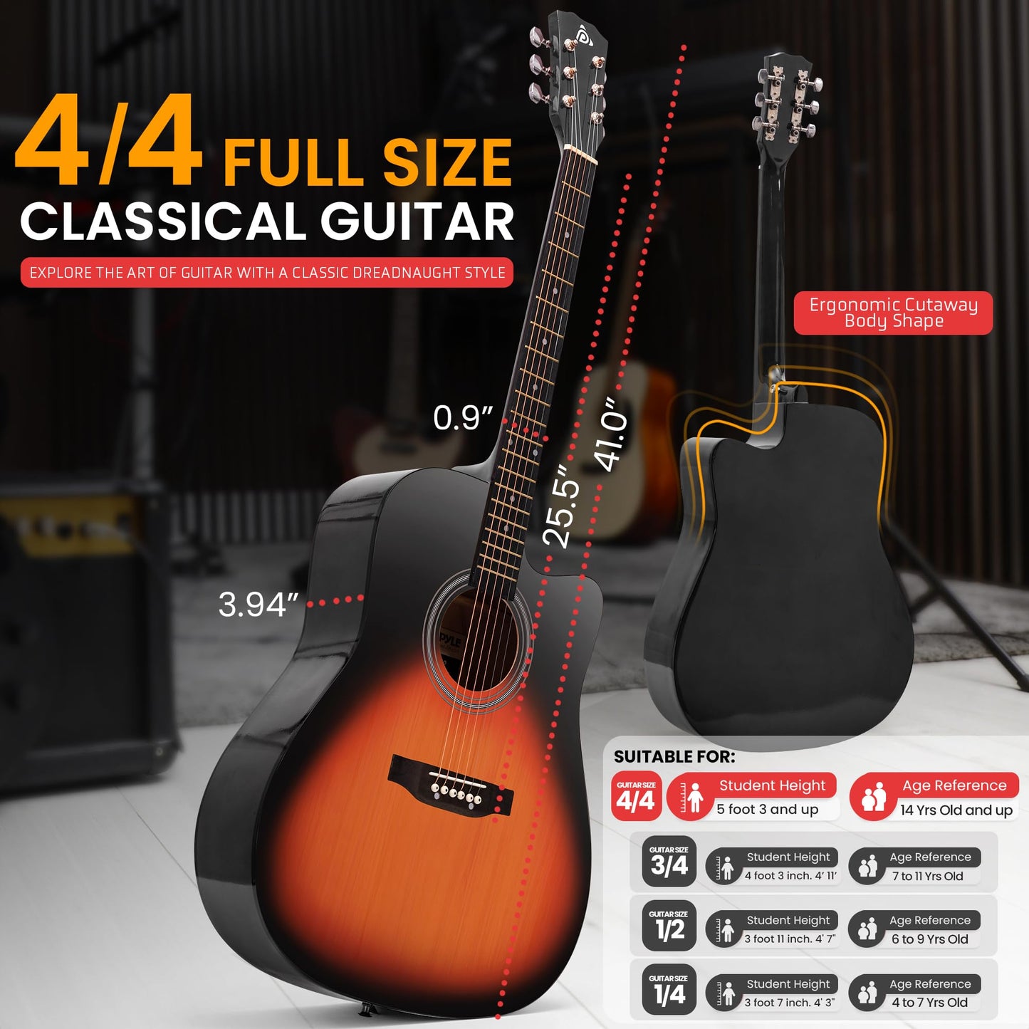 Pyle Steel String Acoustic Guitar Kit, 4/4 Full Size Cutaway All-Wood Guitarra Acustica with Premium Accessory Set and Upgraded Gig Bag, 41" Sunburst Teardrop Matte