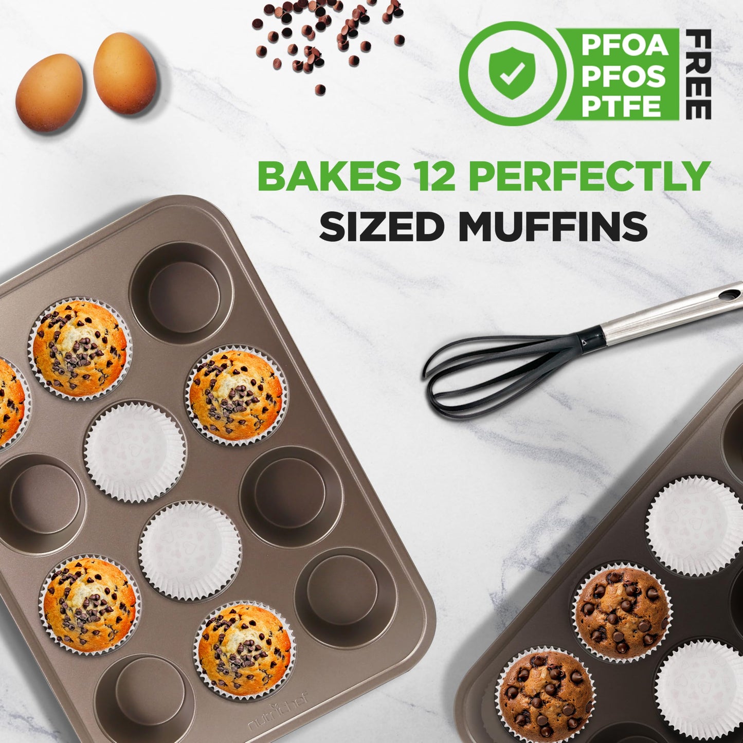 NutriChef 12 Cup Nonstick Muffin Pans for Cupcakes, 2-Piece Cupcake Mould, Non-Toxic Carbon Steel Stackable Cup Cake Tray, Dishwasher Safe, Easy Release, Easy clean - Gold