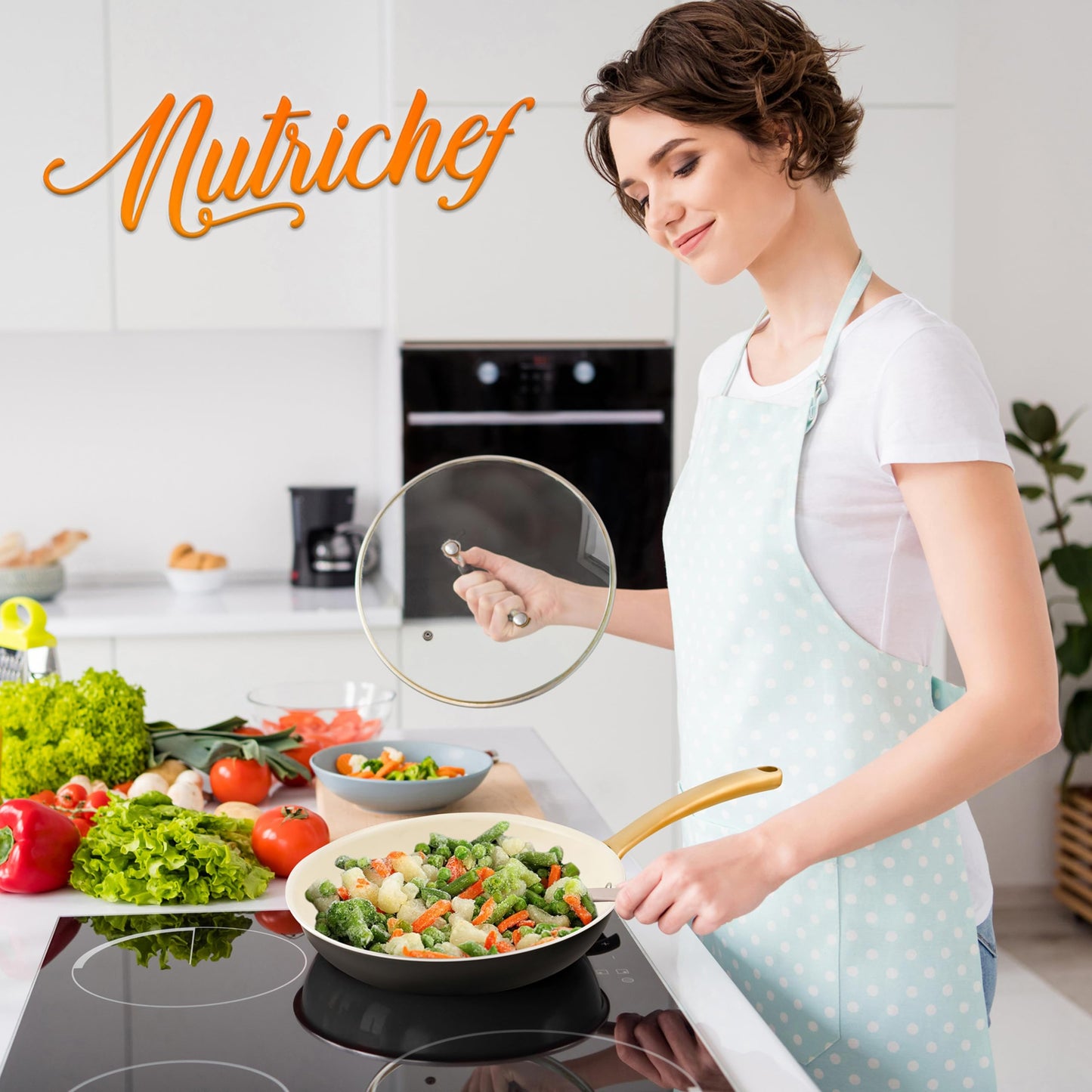 NutriChef 10-Inch Professional Ceramic Frying Pan - Medium Skillet with Golden Titanium Handle, Non-Stick Ceramic Coating, Stain-Resistant, Easy to Clean, Ideal for Home Cooking