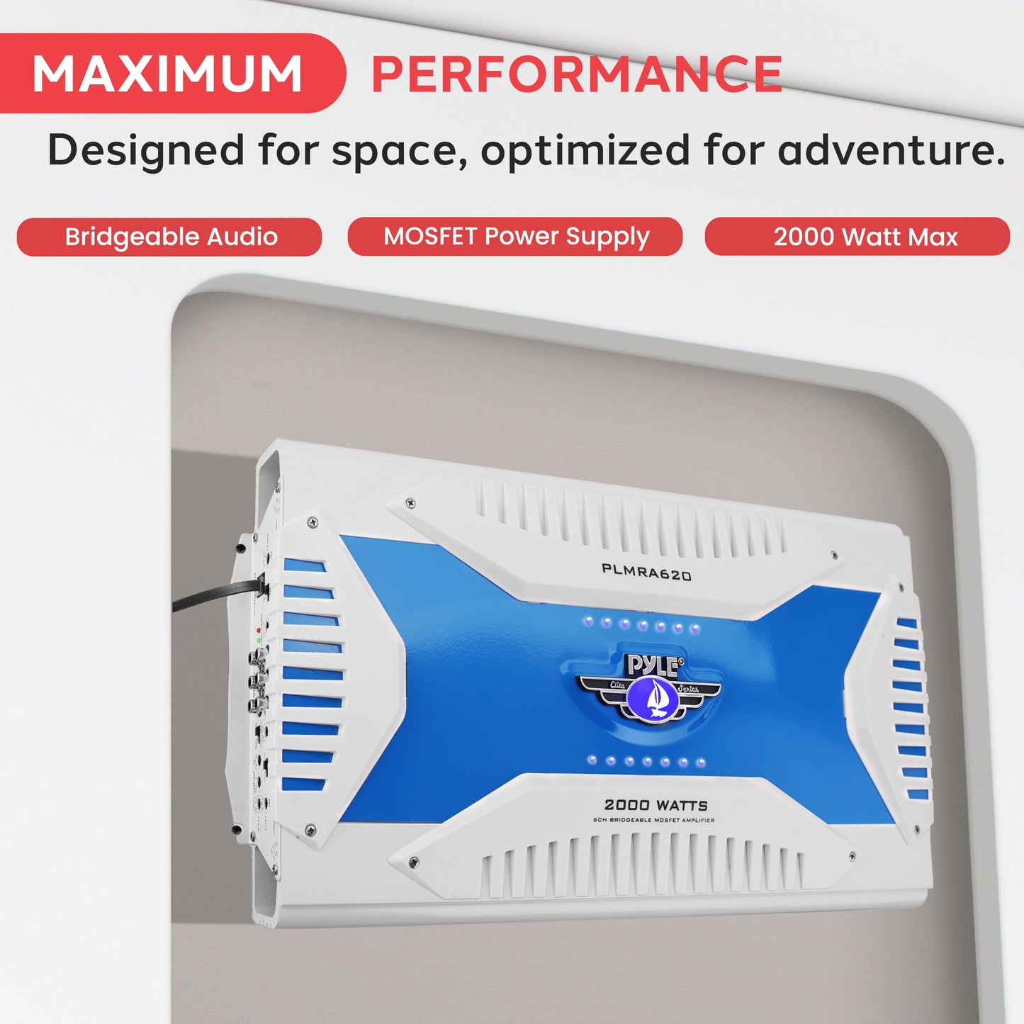 Pyle 6 Channel Marine Amplifier Receiver - Waterproof Wireless Bridgeable Audio Amp for Stereo Speaker with 2000 Watt Power Dual MOSFET Supply, GAIN Level, RCA Inputs and LED Indicator - PLMRA620