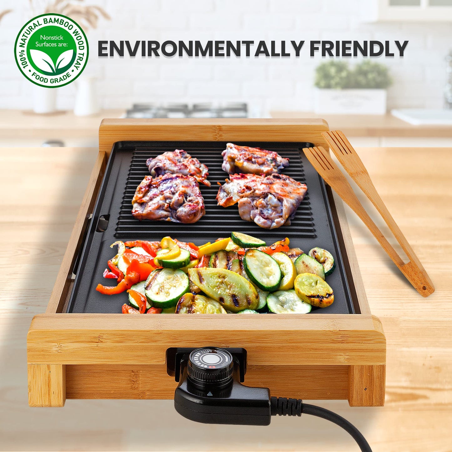 NutriChef Smokeless Indoor Electric Grill – Bamboo Tray, Non-Stick Plate, Adjustable Thermostat, Dishwasher Safe, 1800W Power