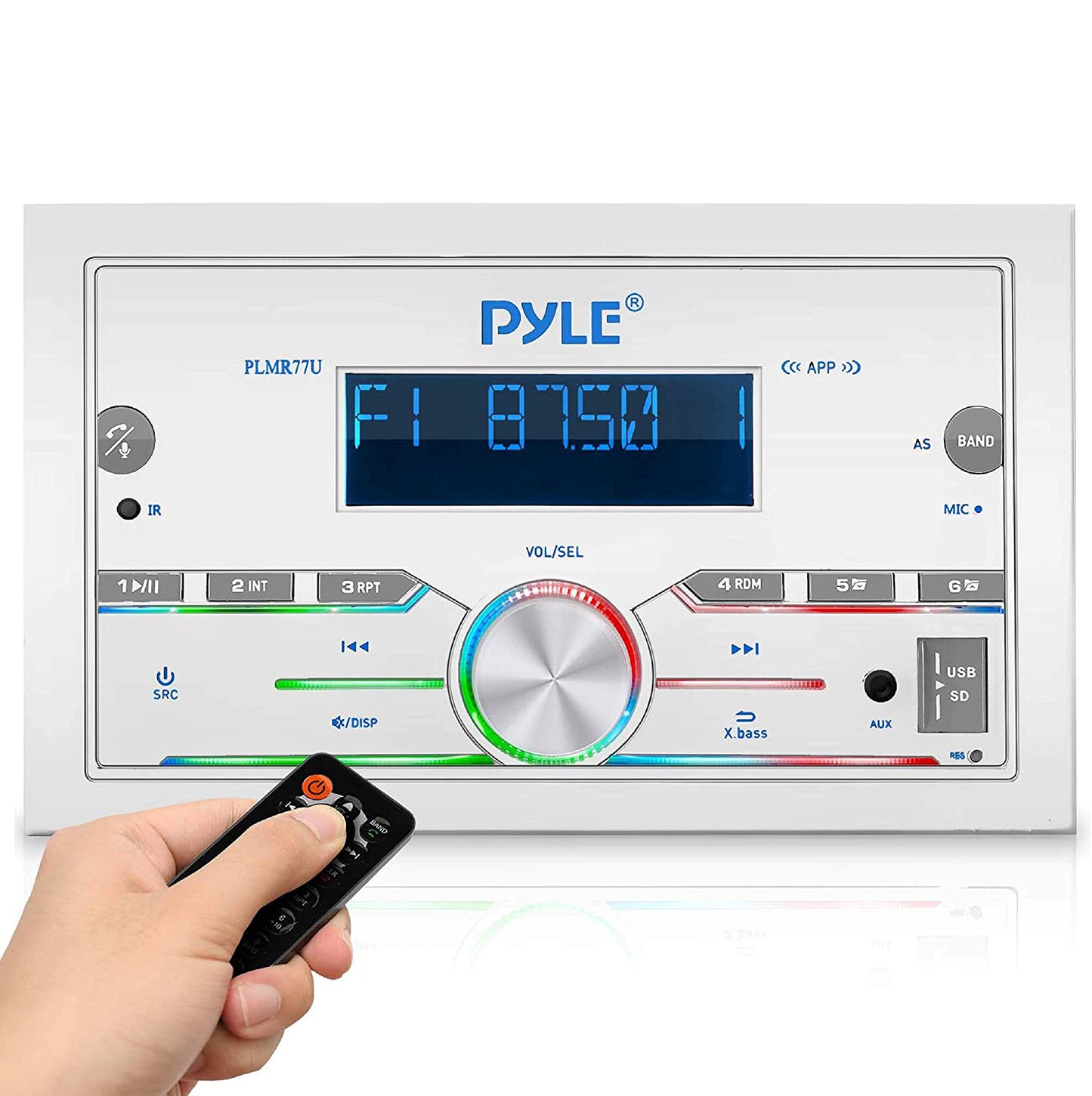 Pyle Marine Stereo, Bluetooth, USB/SD, 300W Double DIN Boat Radio Receiver, LCD Display, Hands-Free Calling, AUX, MP3, AM/FM Radio, Remote Control, PLMR77U, White, Built-in Microphone, 4x75W