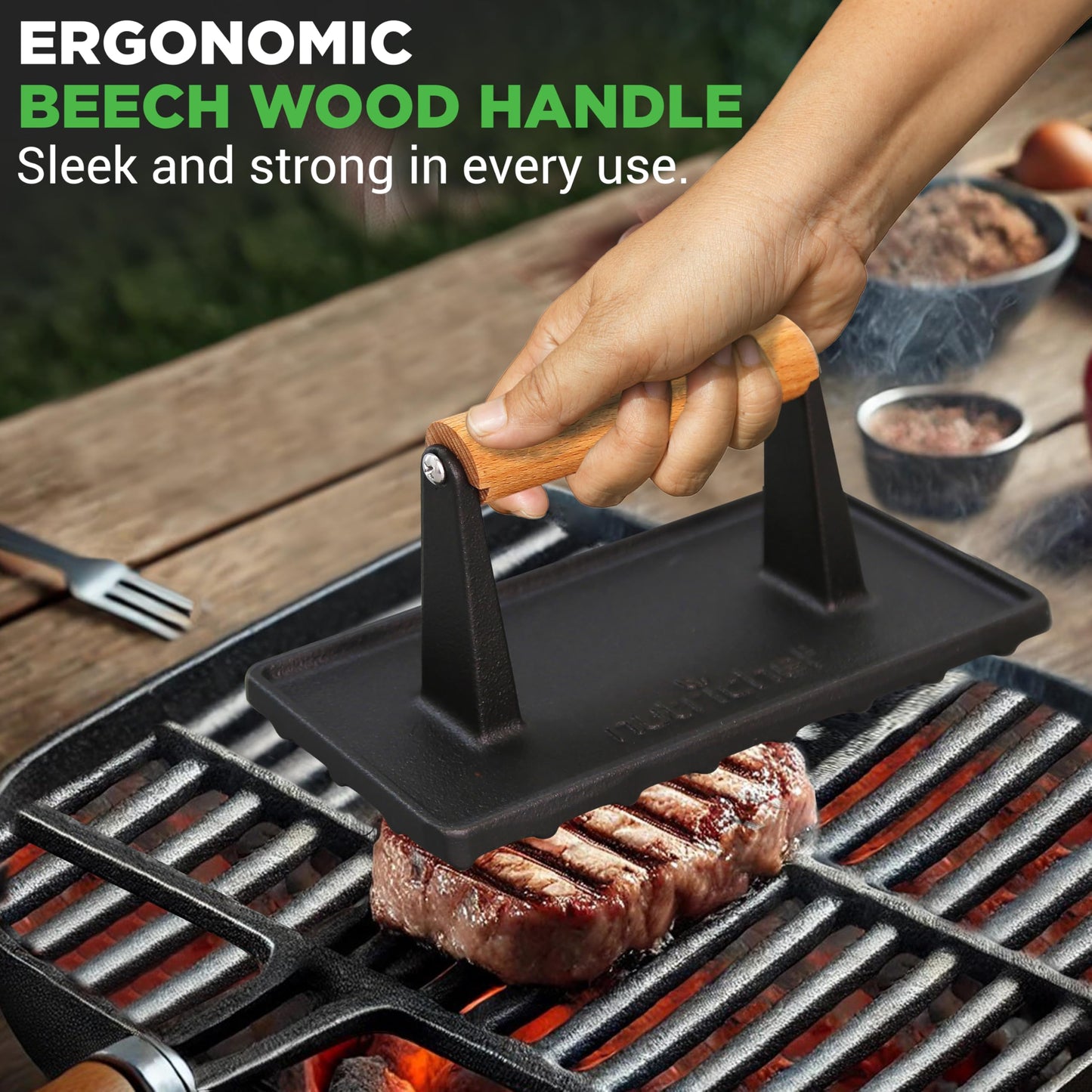Nutrichef Cast Iron Grill Press - Heavy-Duty Griddle Press with Wooden Handle, Speeds Up Cooking Time on Steak, Burger Patty, Meats, Bacon, Quesadillas & More, Leave an Attractive Mark on Any Meat
