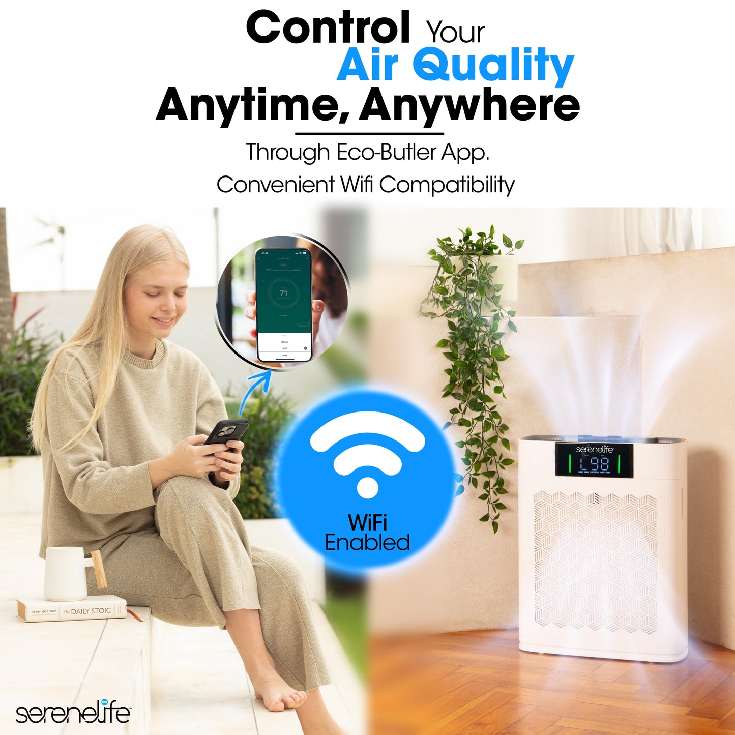 SereneLife HEPA Air Purifier for Home – Smart WiFi & App Control, Ultra-Quiet Air Purifier for Bedrooms & Large Rooms, Removes Dust, Pet Hair & Odors, Ideal for Pets & Allergies (1,800 Sq Ft, White)