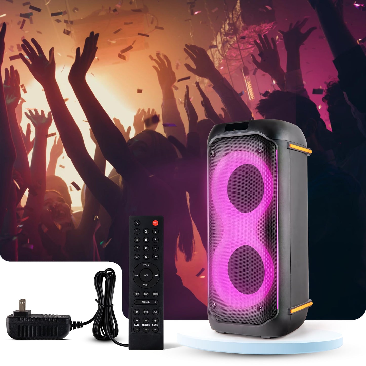 Pyle Compact Bluetooth PA Party Speaker System, 160W Dual 6.5" Karaoke Machine with Mic, Rechargeable Battery, USB/SD/BT/FM Radio, TWS Function & Party Lights, Speaker Bag Included, 11.8"x11.8"x26.4"
