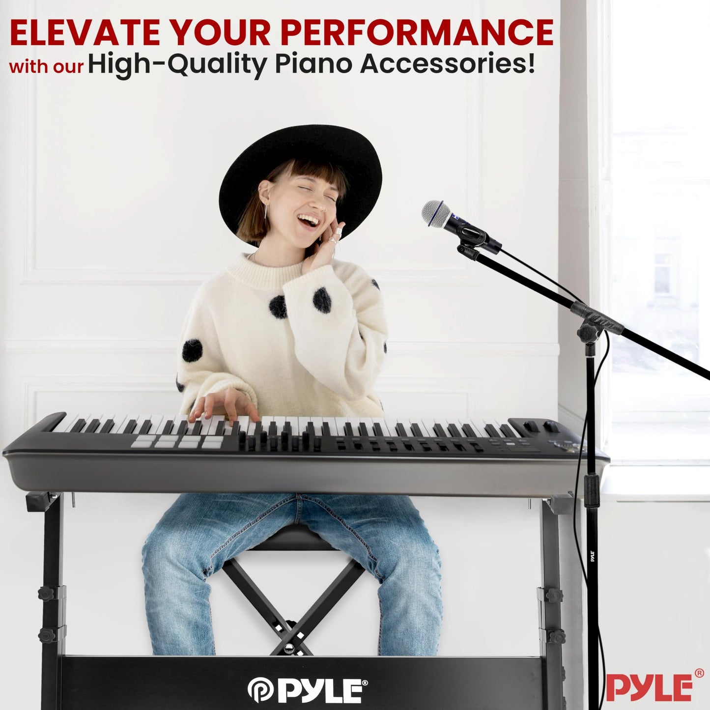 Pyle Heavy-Duty Electric Keyboard Accessories, E Piano Equipment Pack Includes Height Adjustable Z Shape Keyboard Stand, Keyboard Stool, Microphone Stand, Headset, and Sustain Pedal, Black
