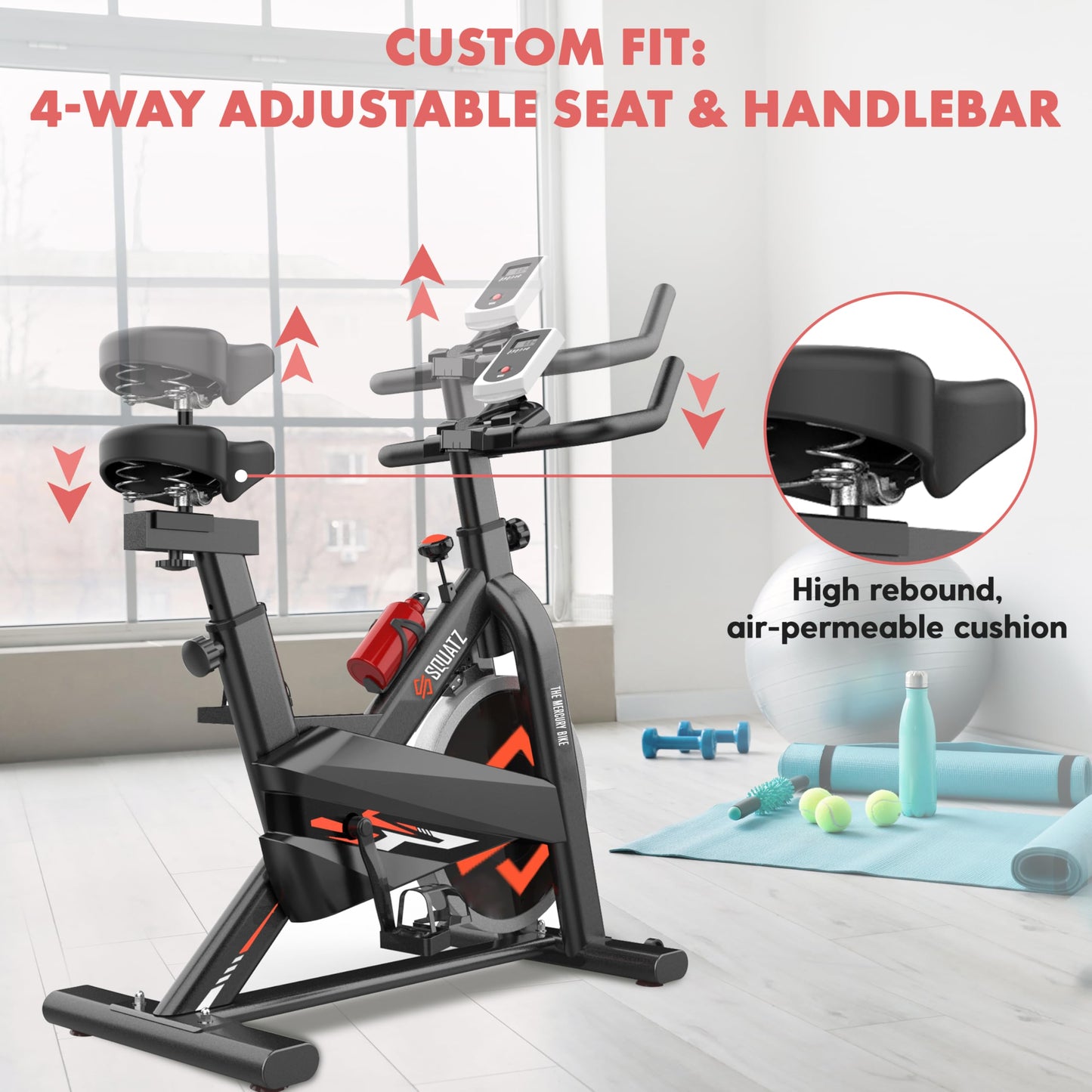 SQUATZ Stationary Cycling Bike Exerciser - Indoor Exercise Bicycle With Training Console, 4-Way Adjustable Seat and Handlebar, 8 Resistance Levels, Workout Equipment for Home Gym