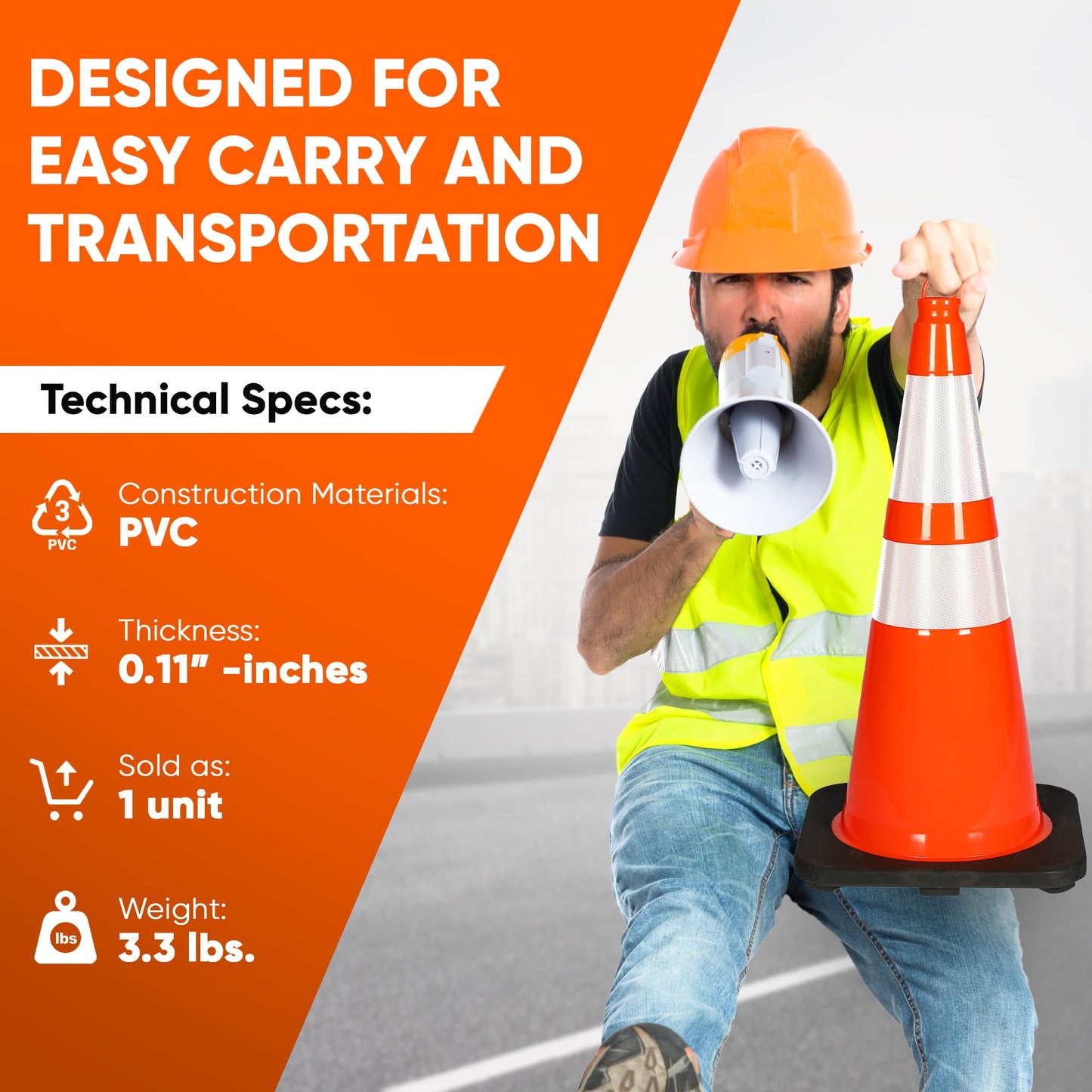 Pyle 28" PVC Traffic Cones, 12-Pack Safety Cones for Parking, Construction, Roadwork, & Sports Training, High-Visibility Orange, Durable, Stackable Design, Heavy-Duty Base for Stability in All Weather