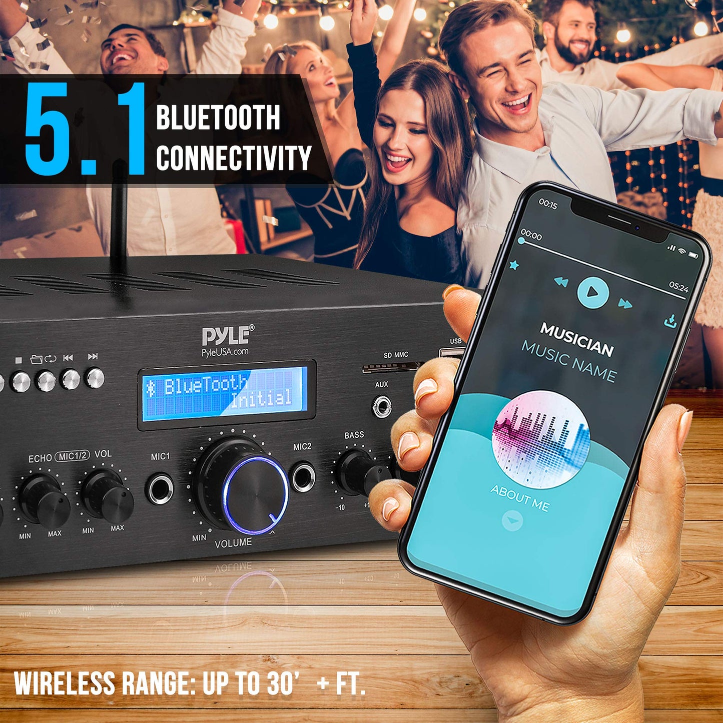 Pyle Wireless Microphone Bluetooth Amplifier-200W Peak Power Dual Channel Stereo Audio Receiver w/USB,AUX in, Dual Mic Inputs w/Echo Control,RCA Input, For Karaoke,Home Theater,Music Studio- PDA8BUWM