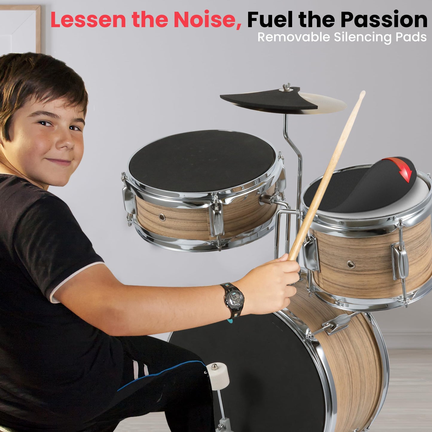 Pyle Kids Drum Set, 3 Piece Beginner Junior Drummer Kit with 13" Bass Drum, Snare, Tom, Cymbal, Adjustable Throne, Mutes, Drumsticks, Natural