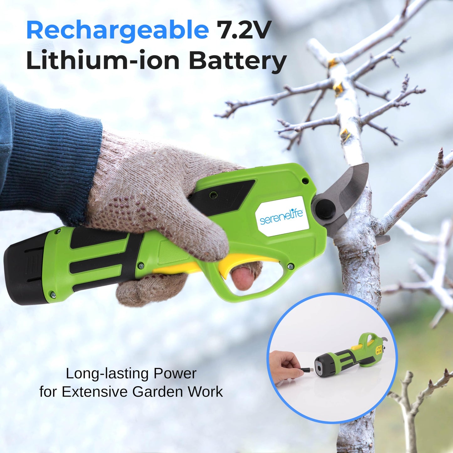 Serenelife Cordless Pruning Shears & Branch Cutter - Electric Pruner with 6 feet of Extension Reach - Rechargeable Battery & .98 IN Cutting Diameter - Ideal for Bushes, Roses, Gardens & Branches