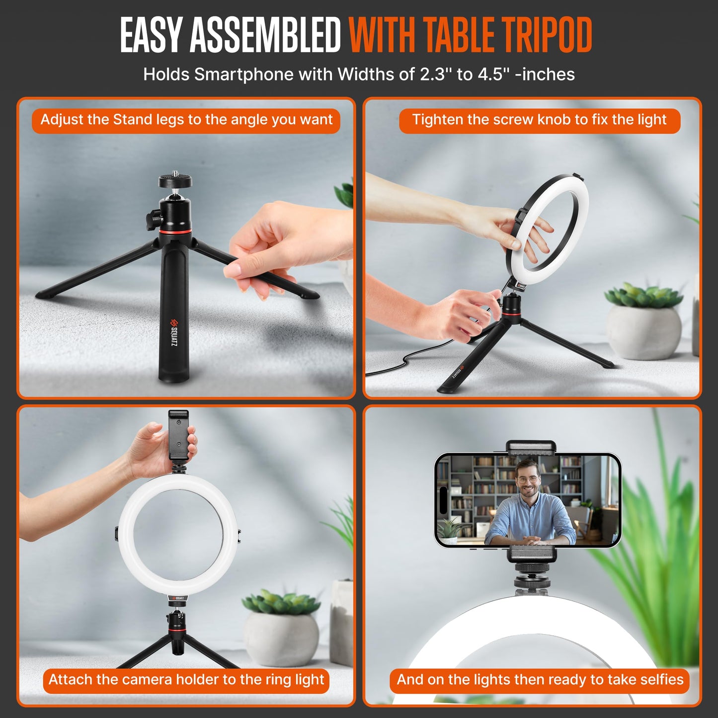 SQUATZ 8'' Small Ring Light for Desk with Stand and Phone Holder - 360 Rotating & Standard Desktop Tripod Kit - 14W Rotation Motion for Vloggers, TikTok, YouTube